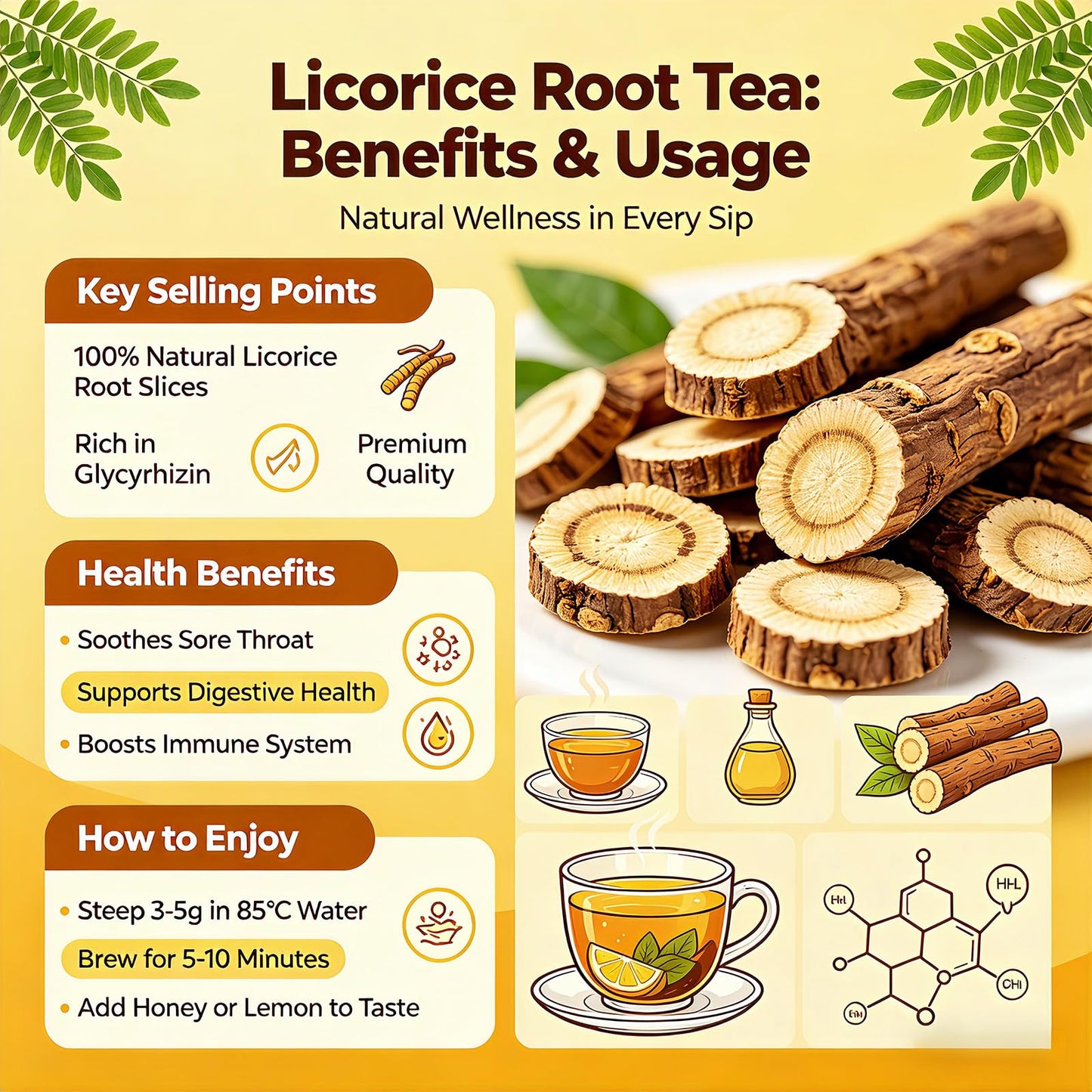 8oz Licorice Root Slices (Gan Cao) - Cut & Sifted, 100% Tea -, Reusable resealable jar