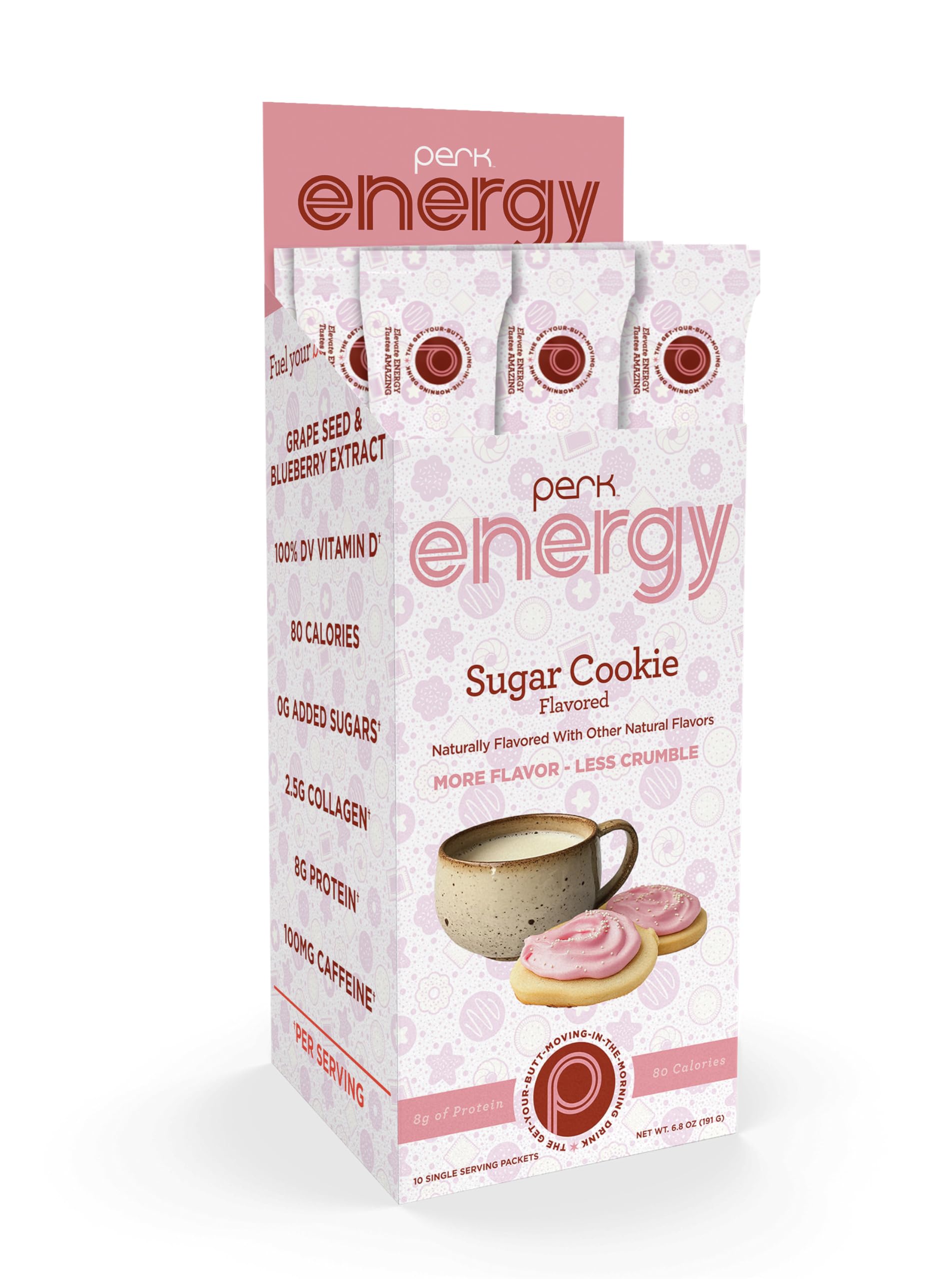 Perk Energy Drink Mix (Sugar Cookie) 10 Stick Packs - Caffeinated Healthy Coffee Alternative with Protein, 100mg of Caffeine, Gluten-Free, Soy-Free