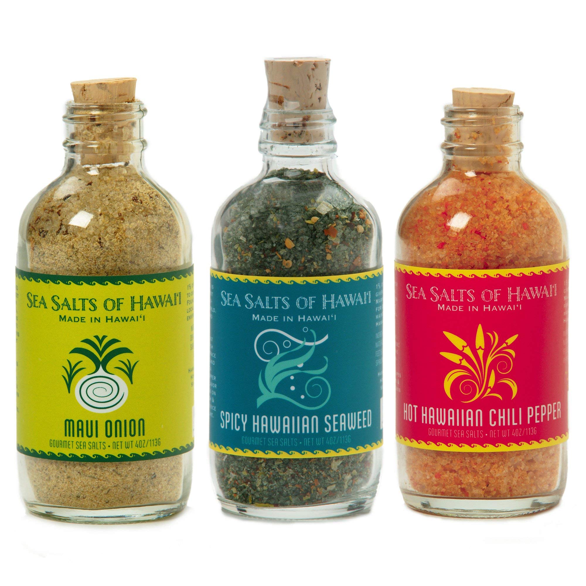 Sea Salts of Hawaii Variety 3 Pack, Maui Onion Salt, Hawaiian Chili Pepper Salt, Spicy Seaweed Flavored Hawaiian Sea Salt