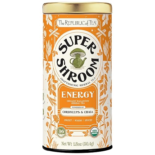 The Republic of Tea SuperShroom Energy Cordyceps and Chaga Herbal Tea, Organic Cinnamon, Ginger and Chicory Blend, Caffeine Free, Unbleached Tea Bags
