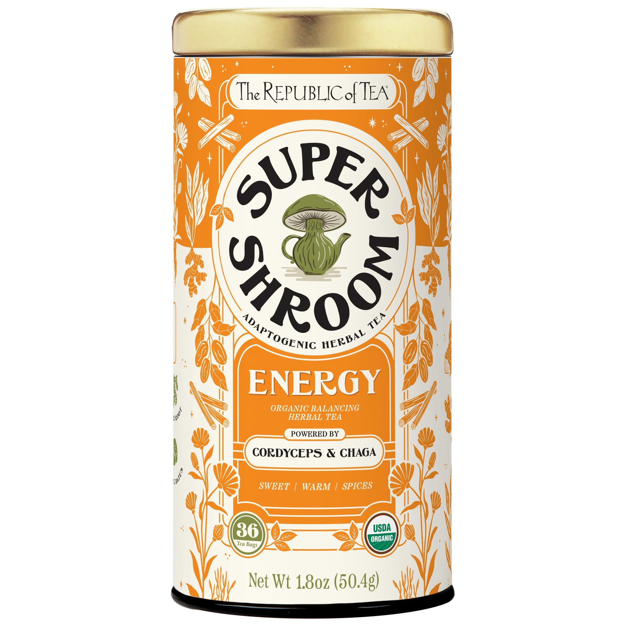 The Republic of Tea SuperShroom Energy Cordyceps and Chaga Herbal Tea, Organic Cinnamon, Ginger and Chicory Blend, Caffeine Free, Unbleached Tea Bags