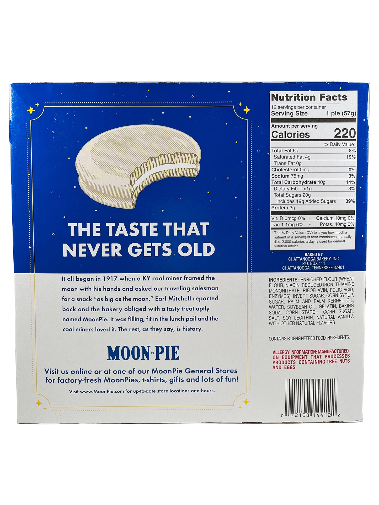 Moon Pie Single Decker - Vanilla. The Original Marshmallow Sandwich, 12 Pies per box.