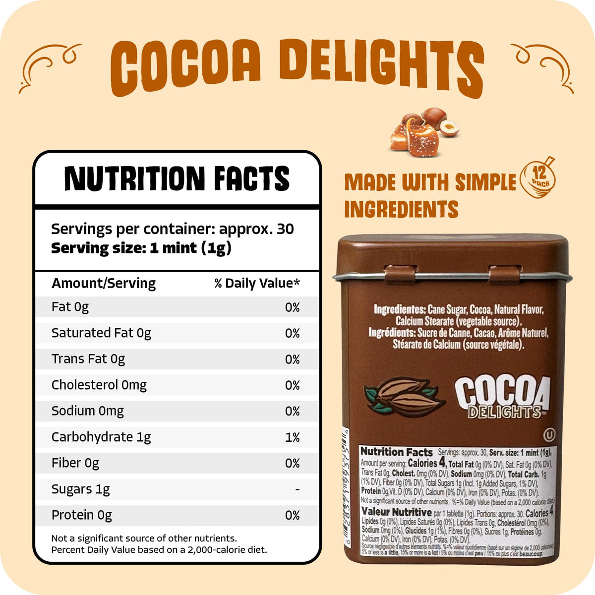 Cocoa Delights Salted Caramel Candy Pastilles, 30 Count (Pack of 12)