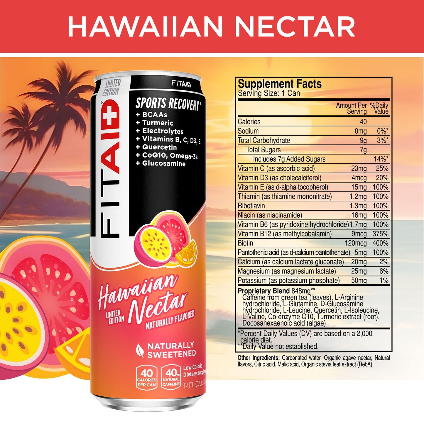 FITAID Post Workout Recovery Drink Hawaiian Nectar Passion Fruit Orange & Guava BCAA Glucosamine Electrolytes 40 Calories 12 Fl Oz (Pack of 12)