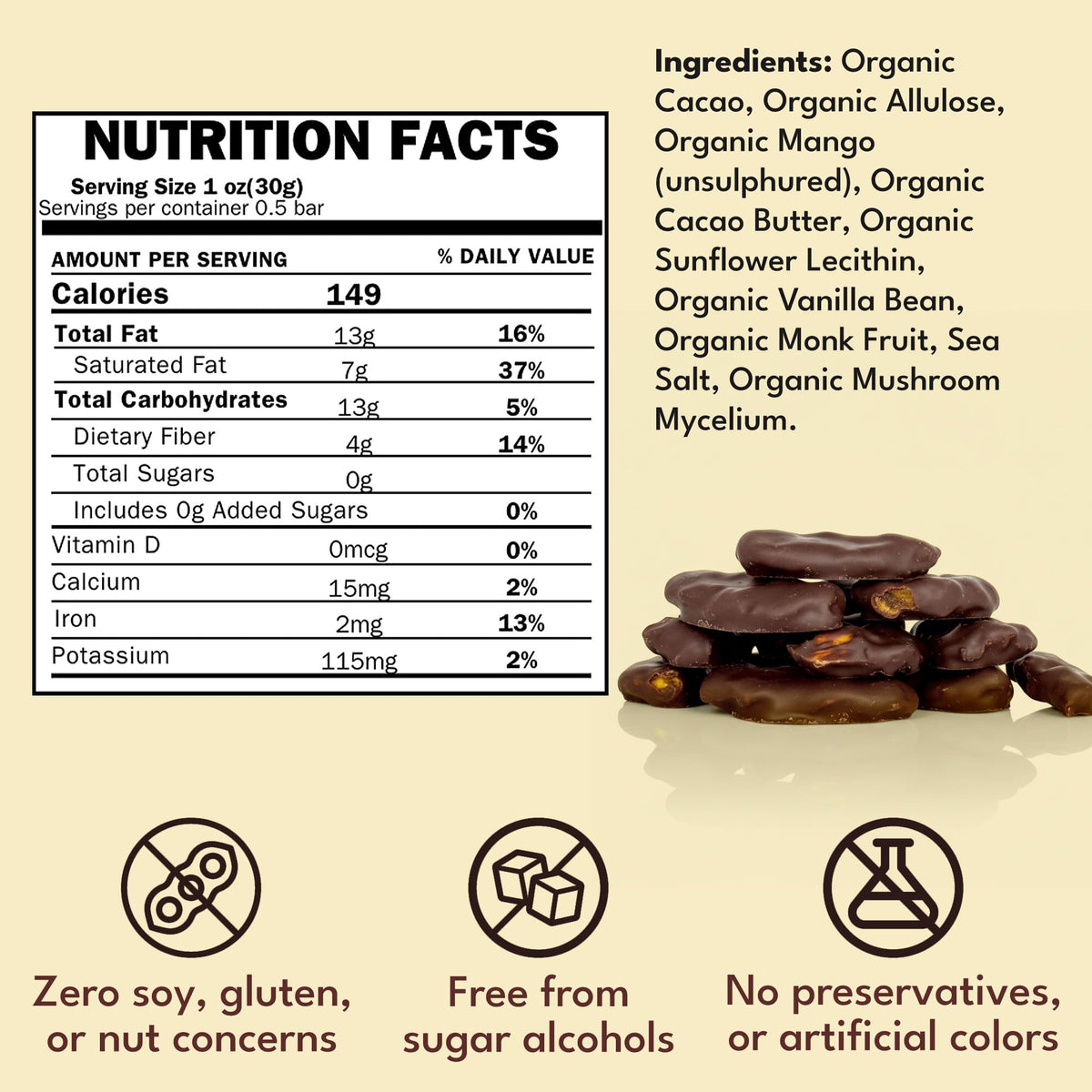 MACALAT Sugar Free Dark Chocolate Covered Mango Slices, 70% Cacao, Organic