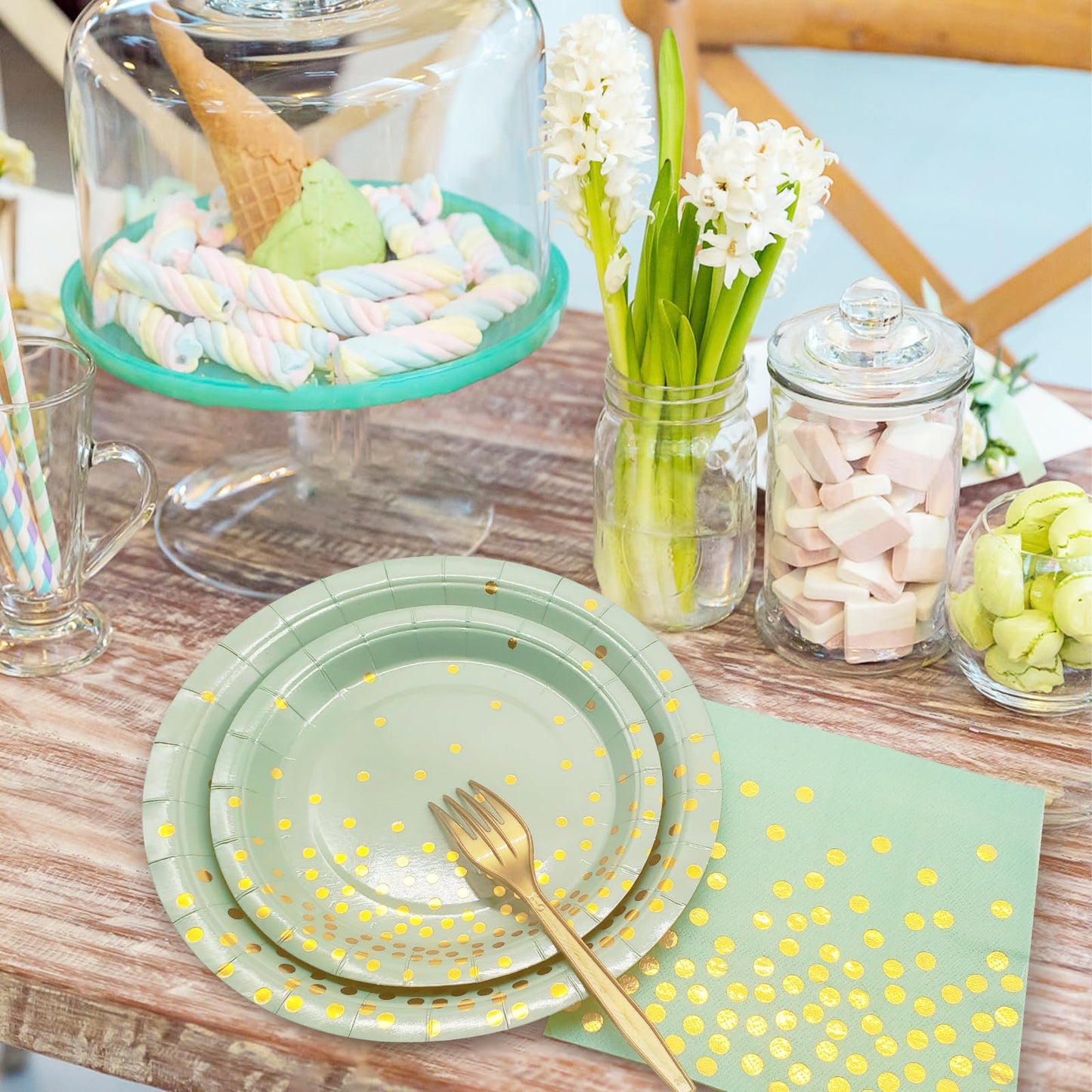 WYQJHKV Sage Green Plates and Napkins Party Supplies,Sage Green Paper Plates,Sage Green and Gold Party Plates for Wedding(Serve 25 Guests)