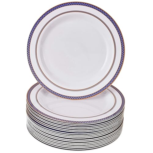 SILVER SPOONS DISPOSABLE SALAD PLATES | 20 pc | Heavy Duty Plastic Dishes | Elegant Fine China Look | Renaissance - Royal Blue (9”)