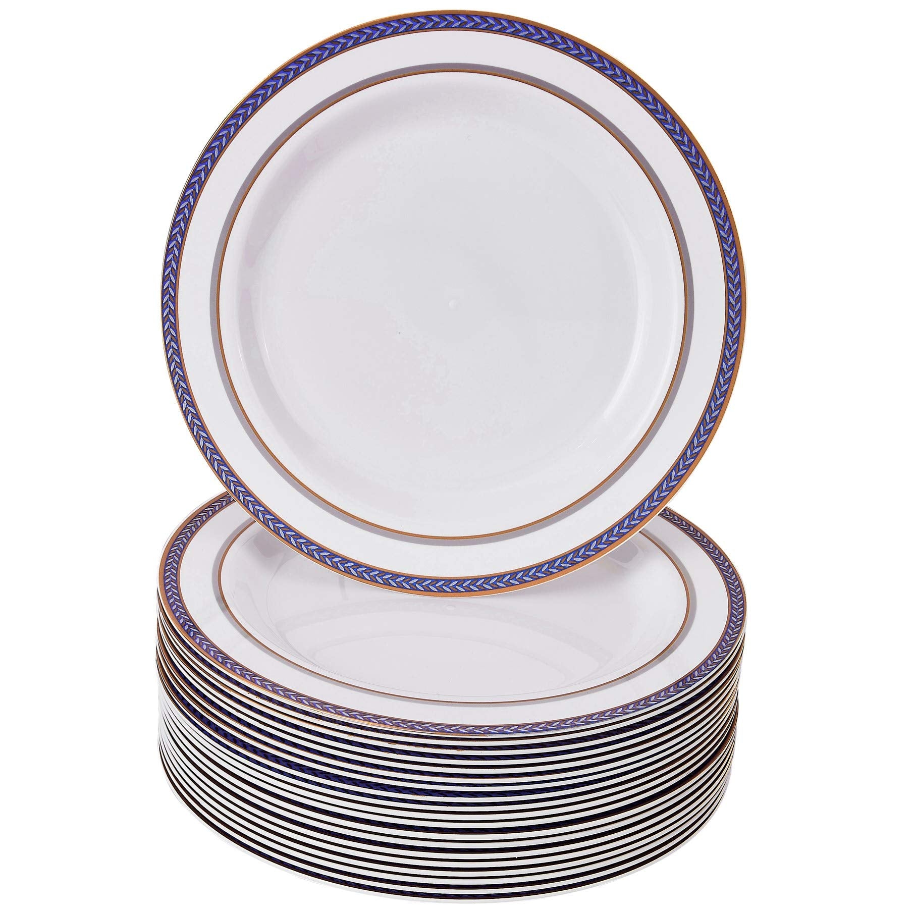 SILVER SPOONS DISPOSABLE SALAD PLATES | 20 pc | Heavy Duty Plastic Dishes | Elegant Fine China Look | Renaissance - Royal Blue (9”)