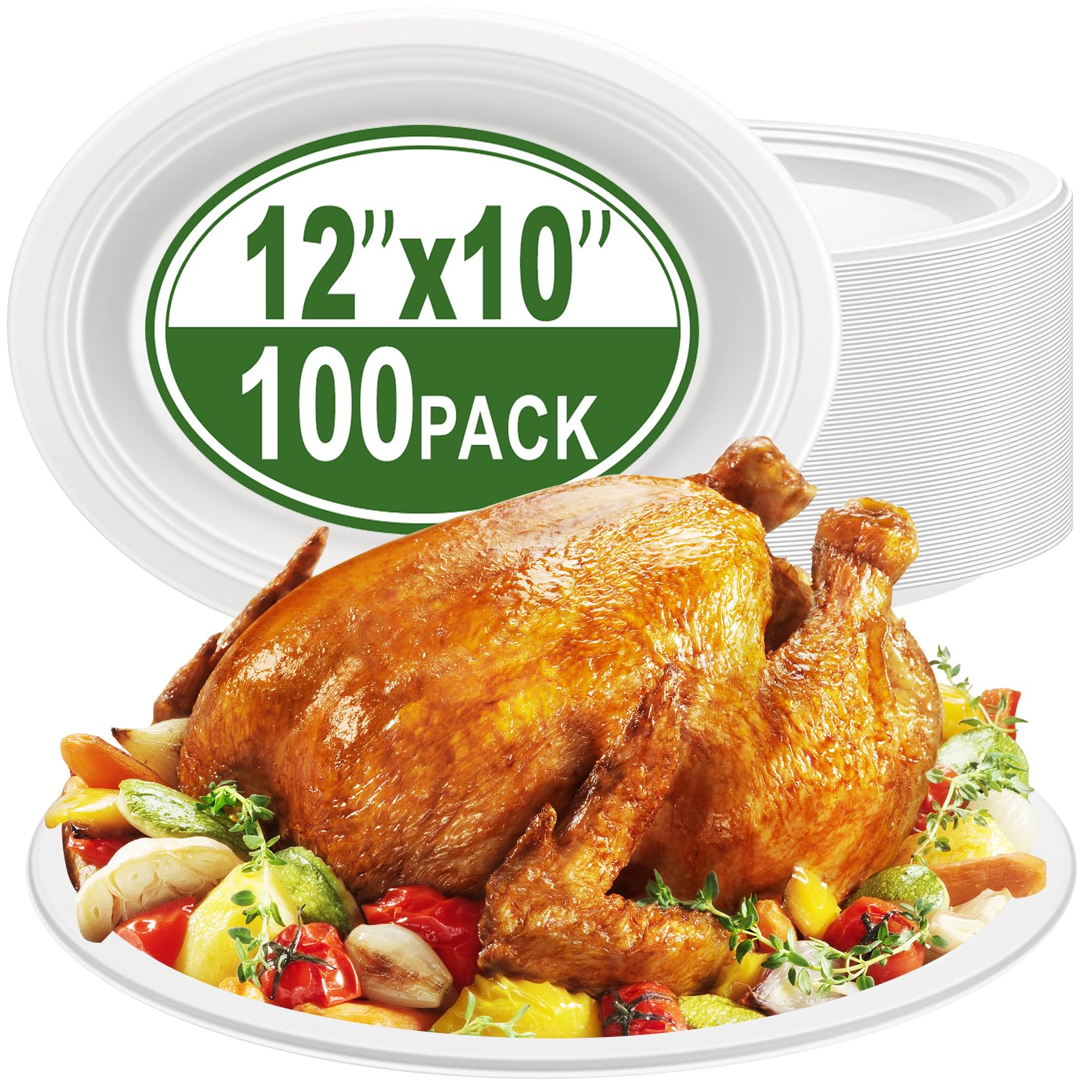 IJRPLM Oval Paper Plates,100 Pack 100% Compostable Oval Plates, 12 Inch Heavy Duty Paper Plates,Large Paper Plates,Eco-Friendly Biodegradable