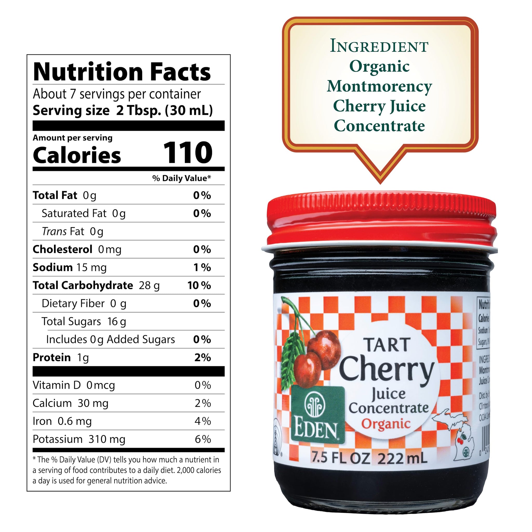 Eden Organic Montmorency Tart Cherry Juice Concentrate, 68 Brix, No Artificial or Refined Sugars, Michigan Cherries, 7.5 Fl Oz