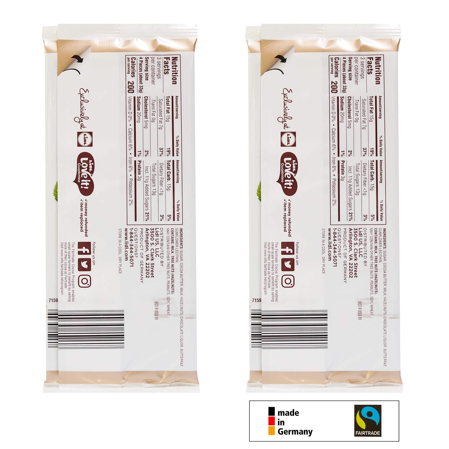 Lidl Hazelnut Milk Chocolate Bar - 3.52 OZ - Fair Trade - Made in Germany (2 Pack)