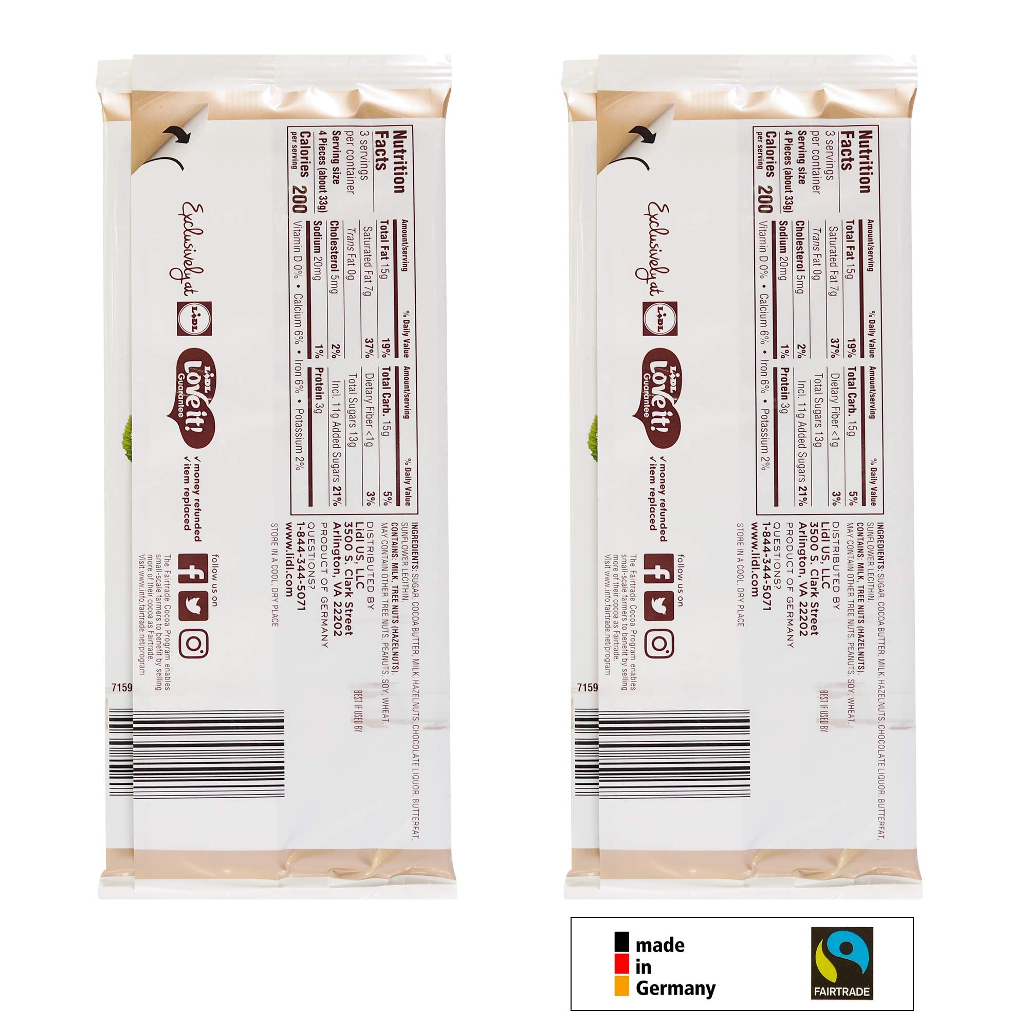 Lidl Hazelnut Milk Chocolate Bar - 3.52 OZ - Fair Trade - Made in Germany (2 Pack)