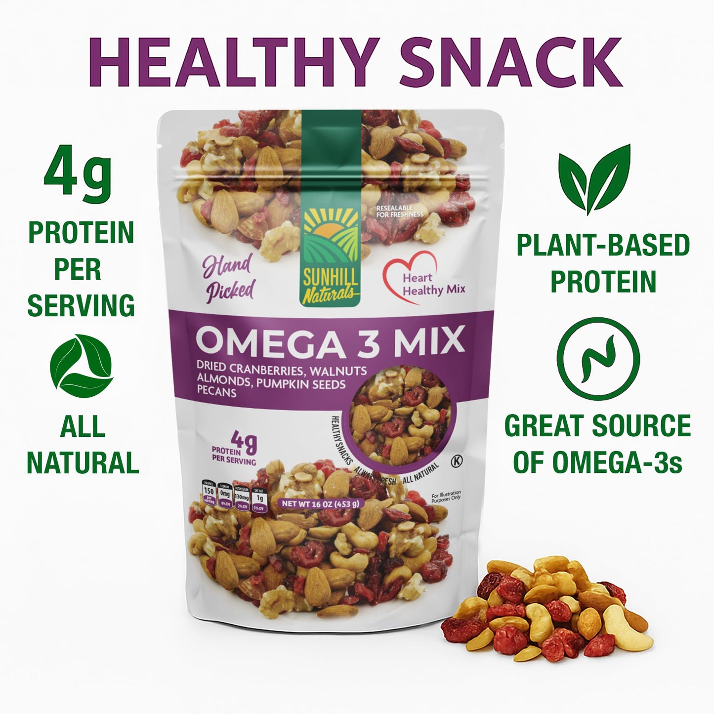 Sunhill Naturals Omega-3 Deluxe Mix, Heart-Healthy Omega Trail Mix with Nuts, Seeds & Cranberries, Omega 3 Nuts and Fruit Mix for Snacking
