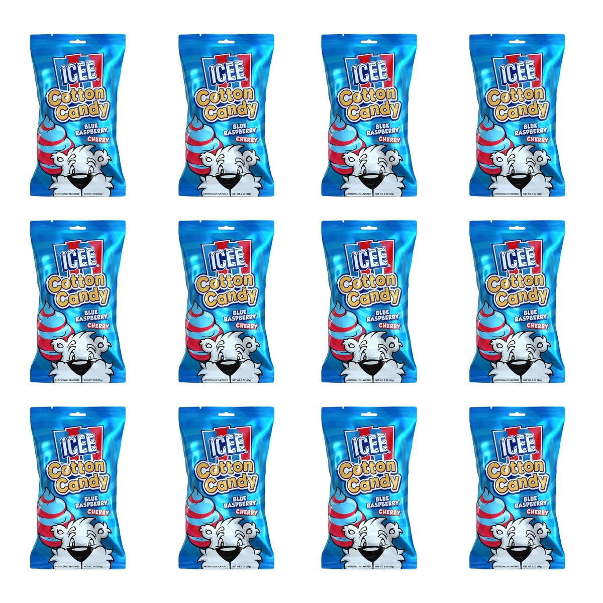 ICEE Cotton Candy Display Case | 3oz Bags | 12 Count | Blue Raspberry & Cherry | Soft, Fluffy Carnival Candy | Perfect for Parties, Events & Gifts