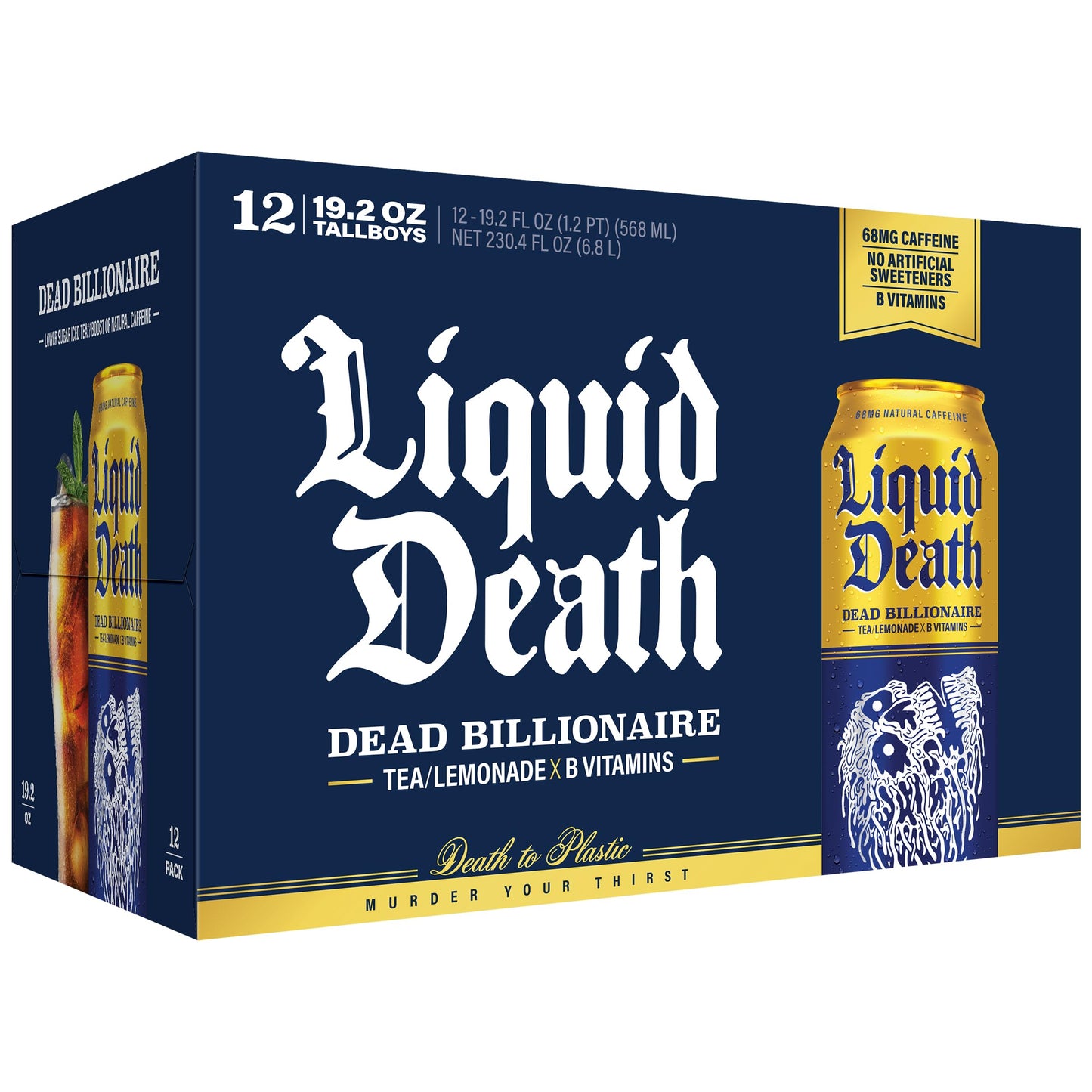 Liquid Death Iced Tea - Dead Billionaire (Black Tea/Lemonade), Less Sugar*, Boost of Caffeine, B Vitamins, No Artificial Sweeteners, King Size 19.2 Fl