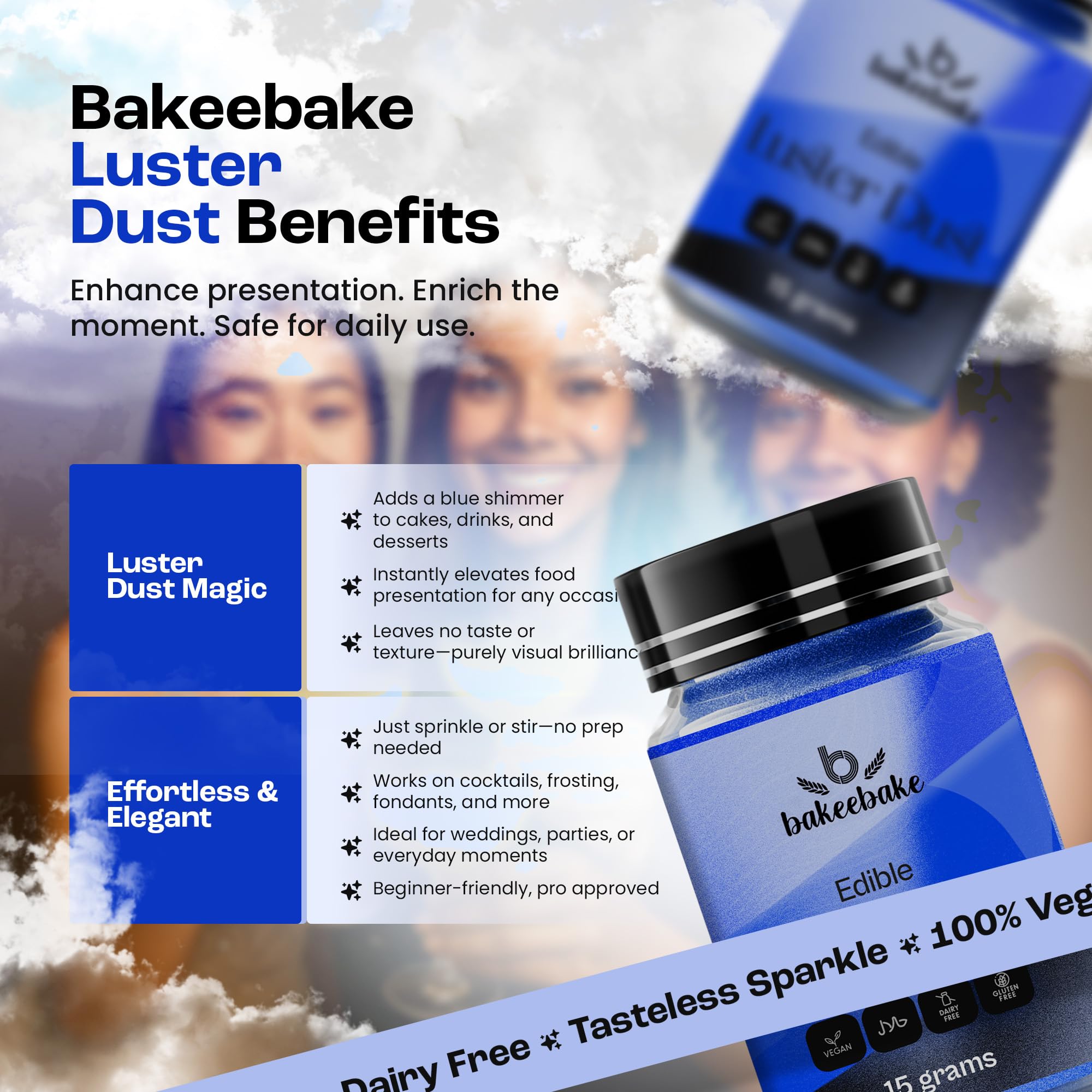 Bakeebake Luster Dust Edible 15g - Edible Glitter for Drinks & Desserts - Gluten Free Edible Blue Dust for Cake Decorating - Tasteless Vegan Drink