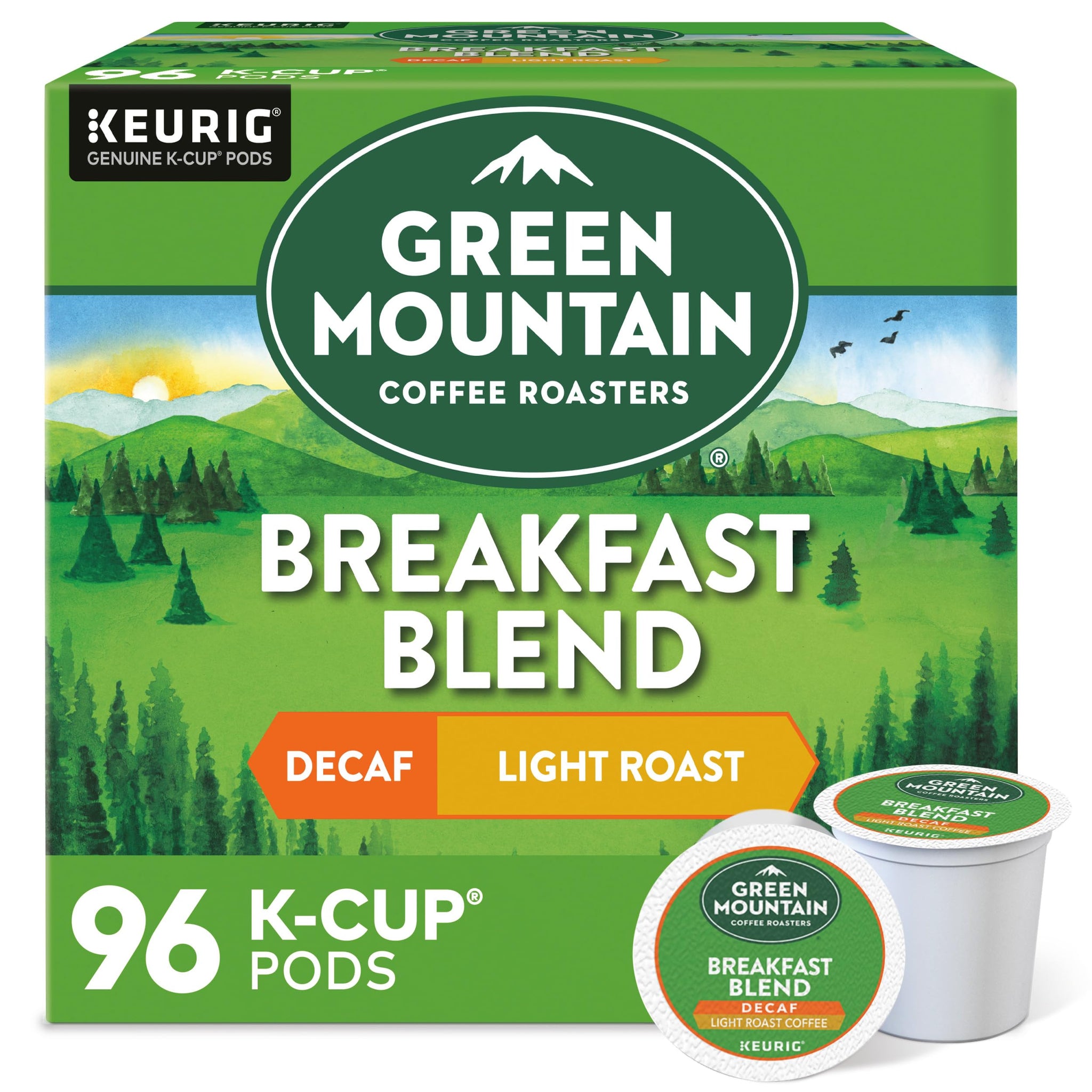 Green Mountain Coffee Roasters Breakfast Blend Decaf, Single-Serve Keurig K-Cup Pods, Light Roast, 96 Count (4 Boxes of 24 Pods), 96.0 Count