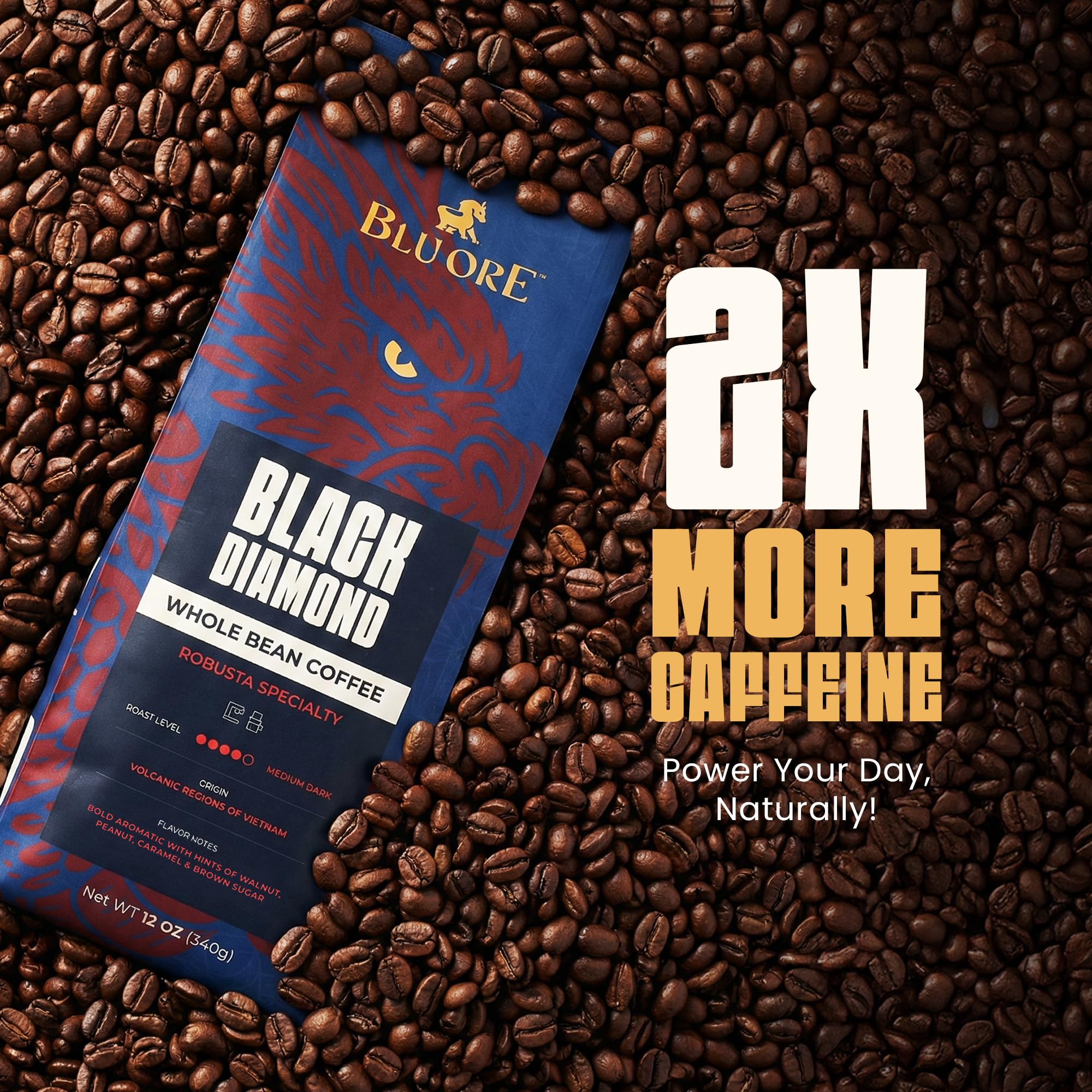Blu Ore Black Diamond Robusta Specialty Coffee Beans - Single Origin, Bold Aromatic Espresso Beans with Hints of Walnut, Peanut, Caramel, Brown Sugar