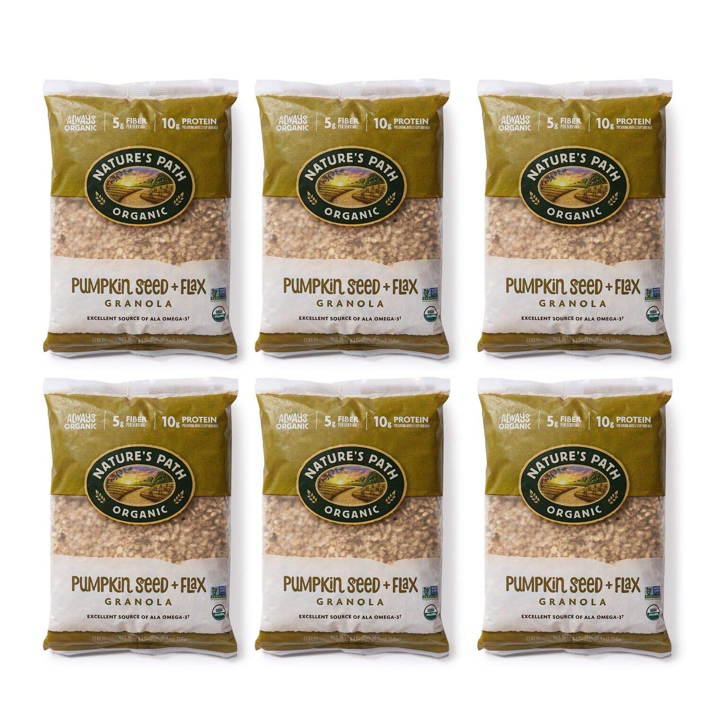 Nature's Path Organic Pumpkin Seed and Flax Granola, 1.65 Lbs. Earth Friendly Package (Pack of 6), Non-GMO, Heart Healthy, High Fiber, 6g Plant Based