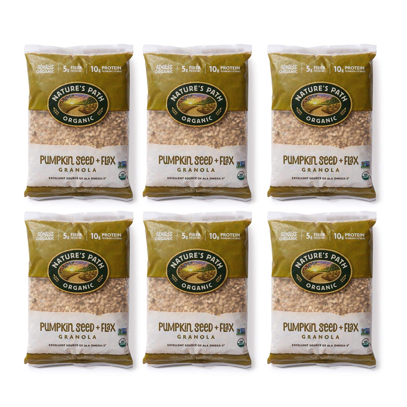 Nature's Path Organic Pumpkin Seed and Flax Granola, 1.65 Lbs. Earth Friendly Package (Pack of 6), Non-GMO, Heart Healthy, High Fiber, 6g Plant Based