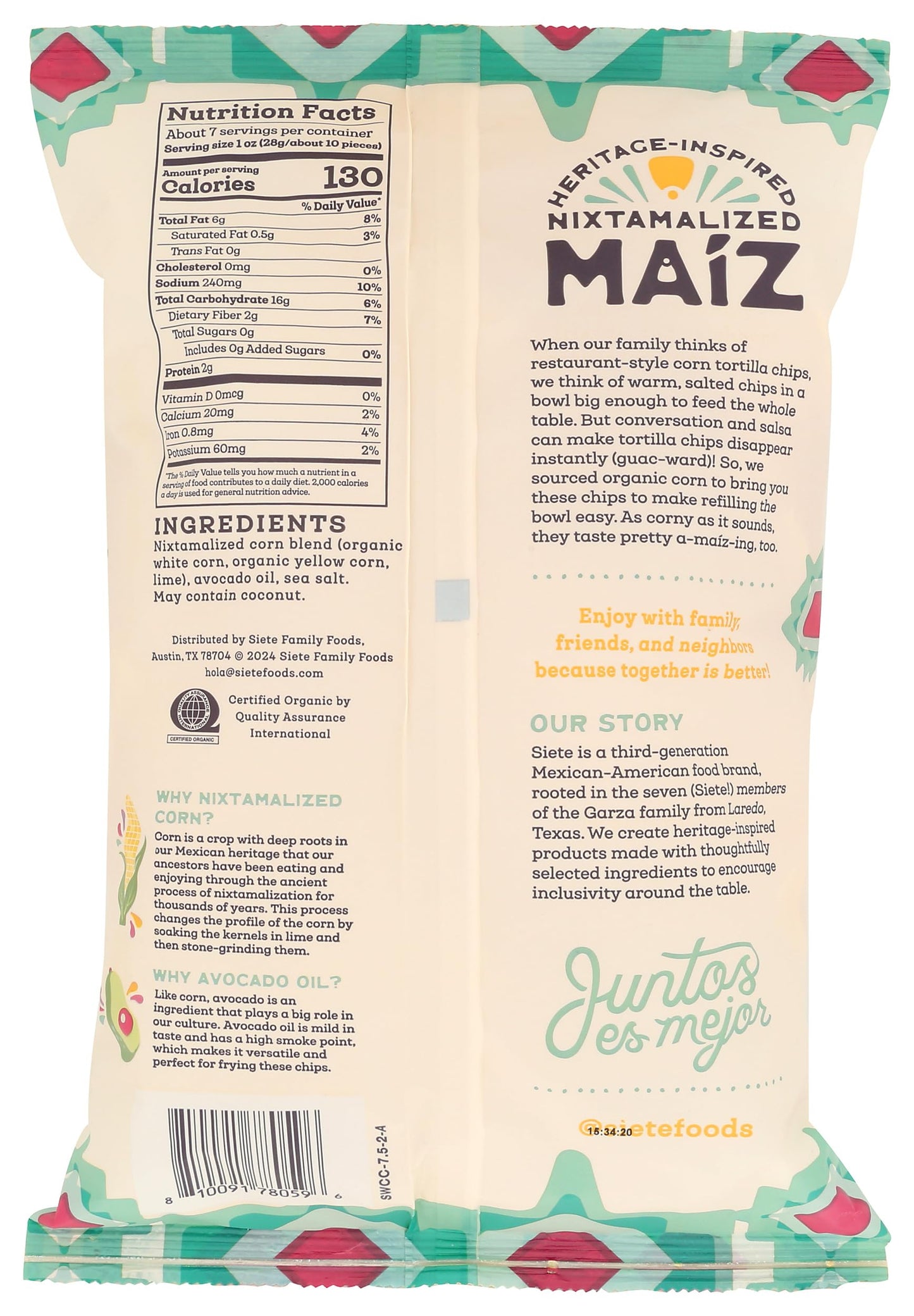 Siete Family Foods, Chips Tortilla Corn Sea Salt Maiz Yellow White, 7.5 Ounce