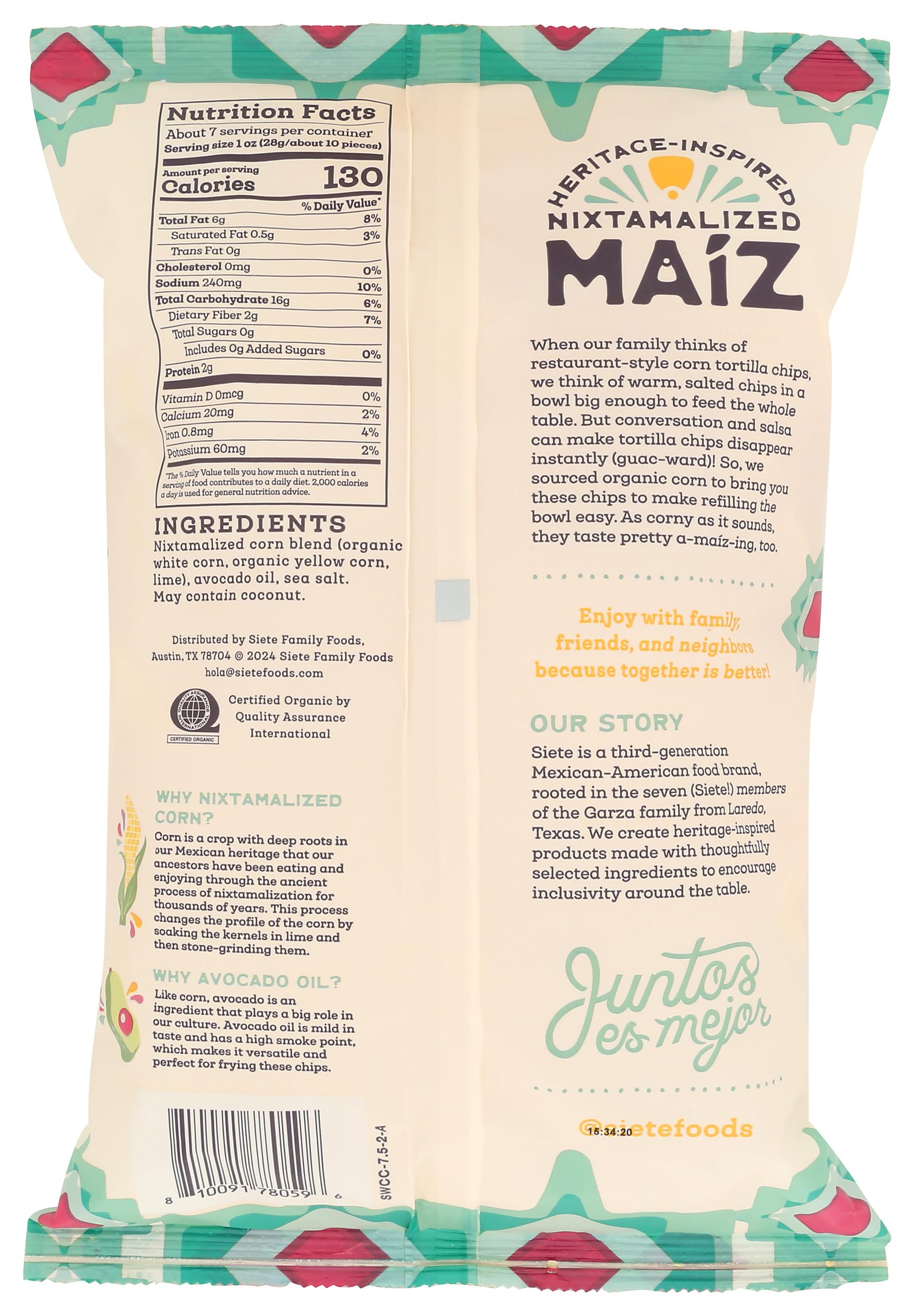 Siete Family Foods, Chips Tortilla Corn Sea Salt Maiz Yellow White, 7.5 Ounce