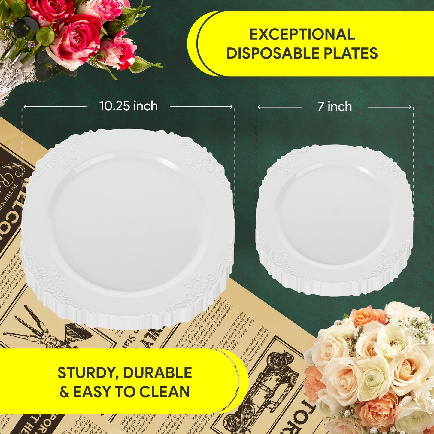 Zlion 60 Piece White Disposable Plate Set - Elegant Plastic Dinnerware for Parties, Weddings, Birthdays & Baby Showers - Includes 30X 10.25 inch Main