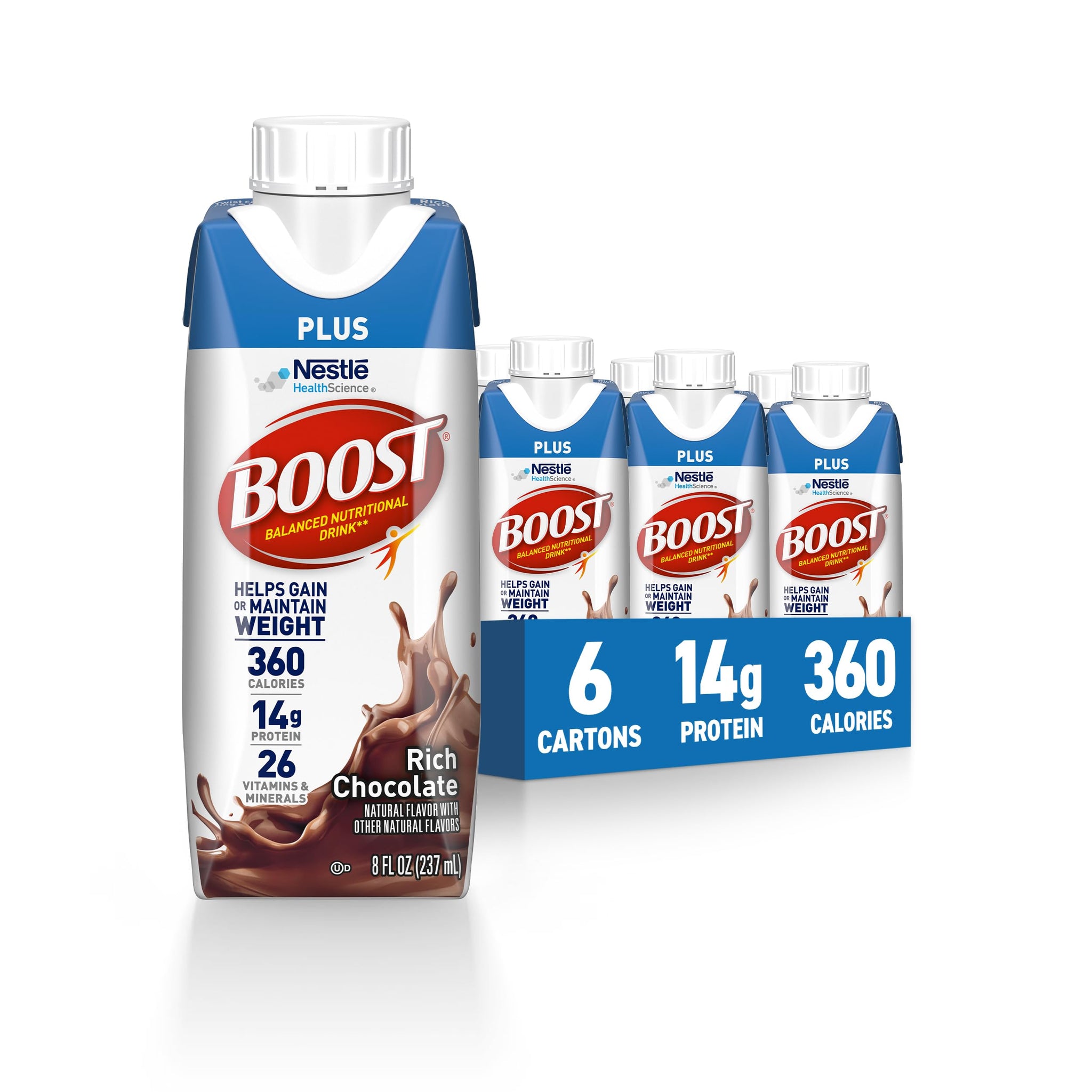 BOOST Plus Balanced Nutritional Drink, Rich Chocolate, 8 FL OZ (Pack of 6)