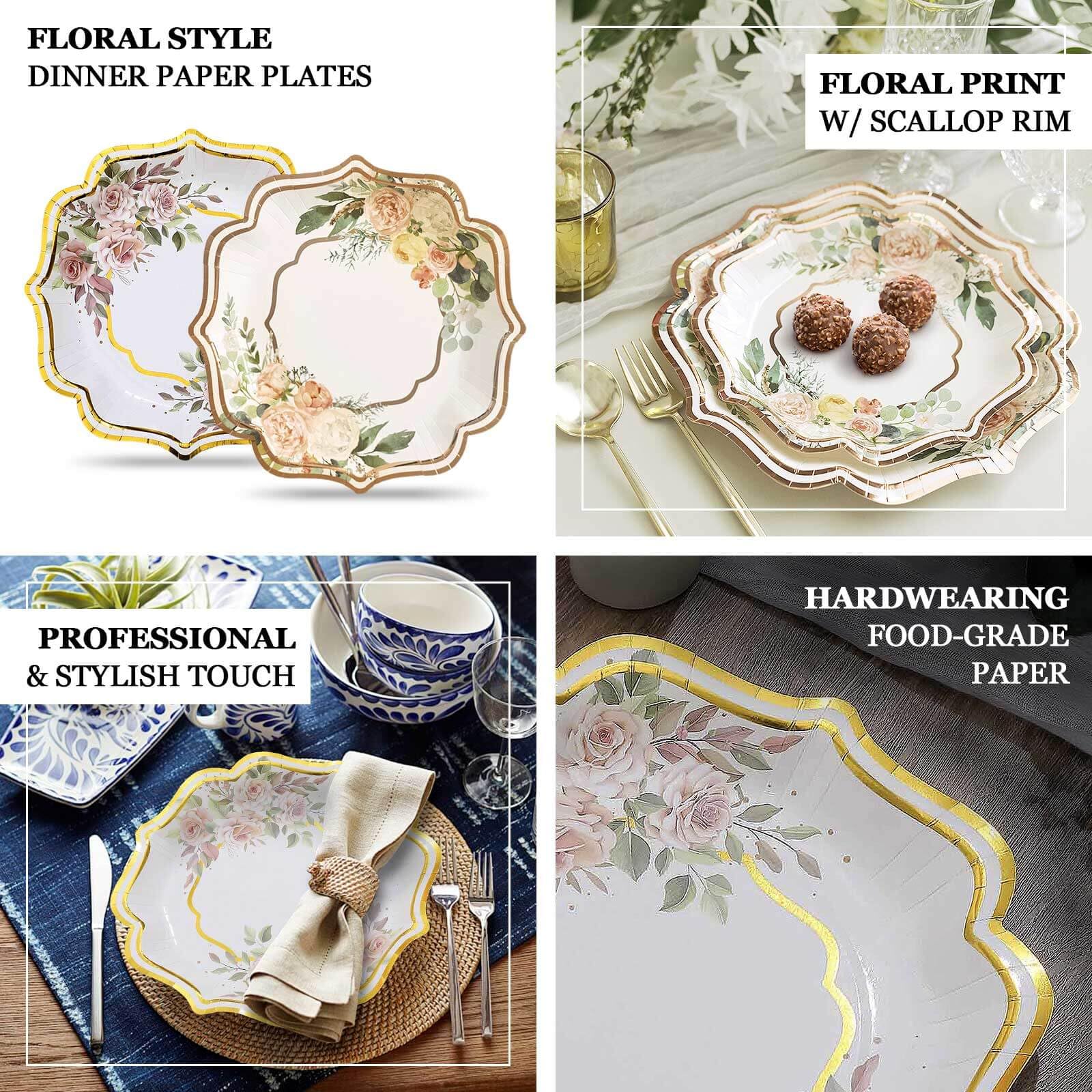 TCF Linen 50 Pack 8" White/Rose Gold Floral Print Scallop Rim Dessert Plates, Disposable Round Paper Appetizer Salad Plates 300 GSM for Party