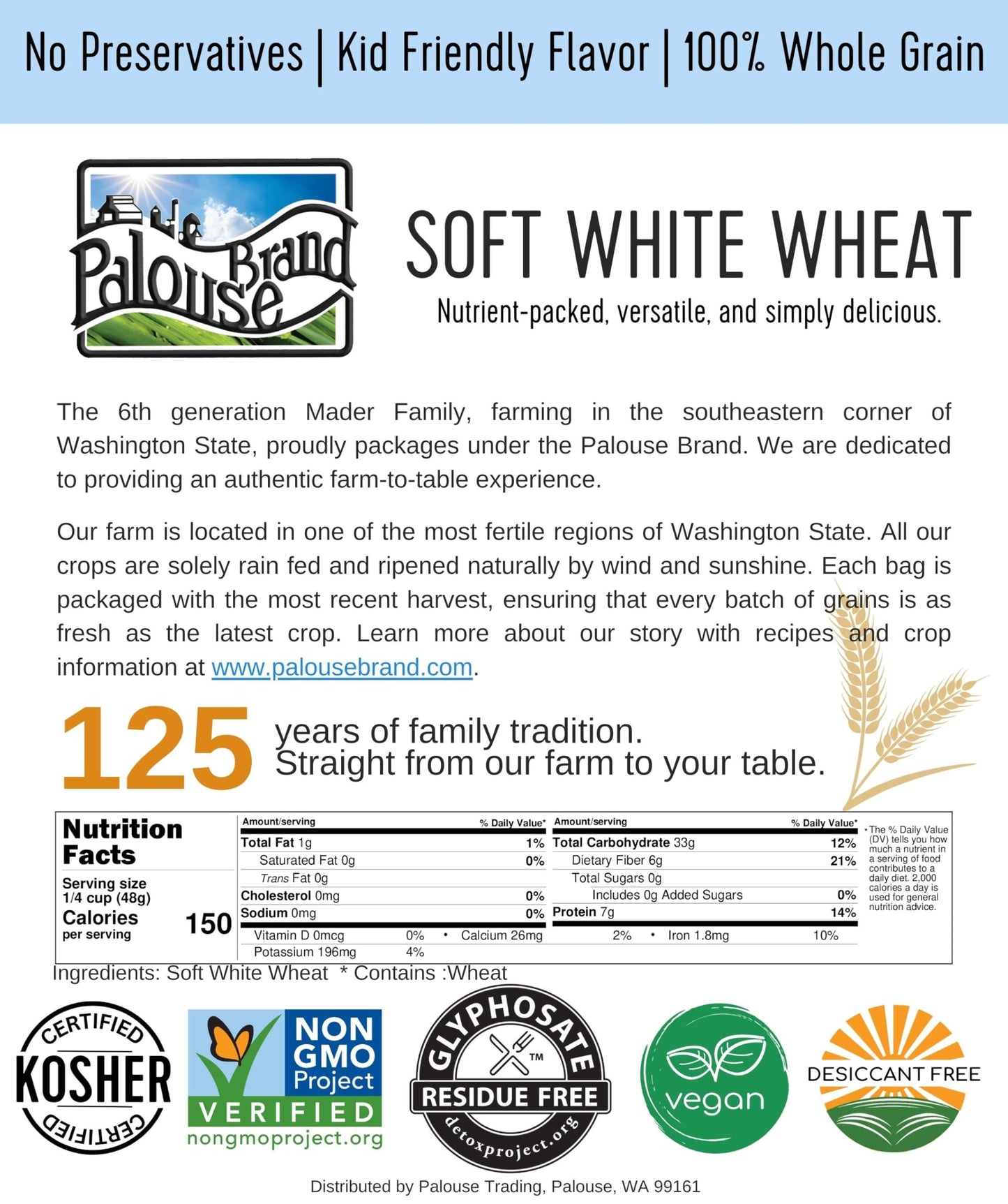 Palouse Brand Certified Glyphosate Residue Free Soft White Wheat Berries | 25 LBS | Emergency Food Storage Bucket | Non-GMO | Grown on Our Family Farm | Bulk