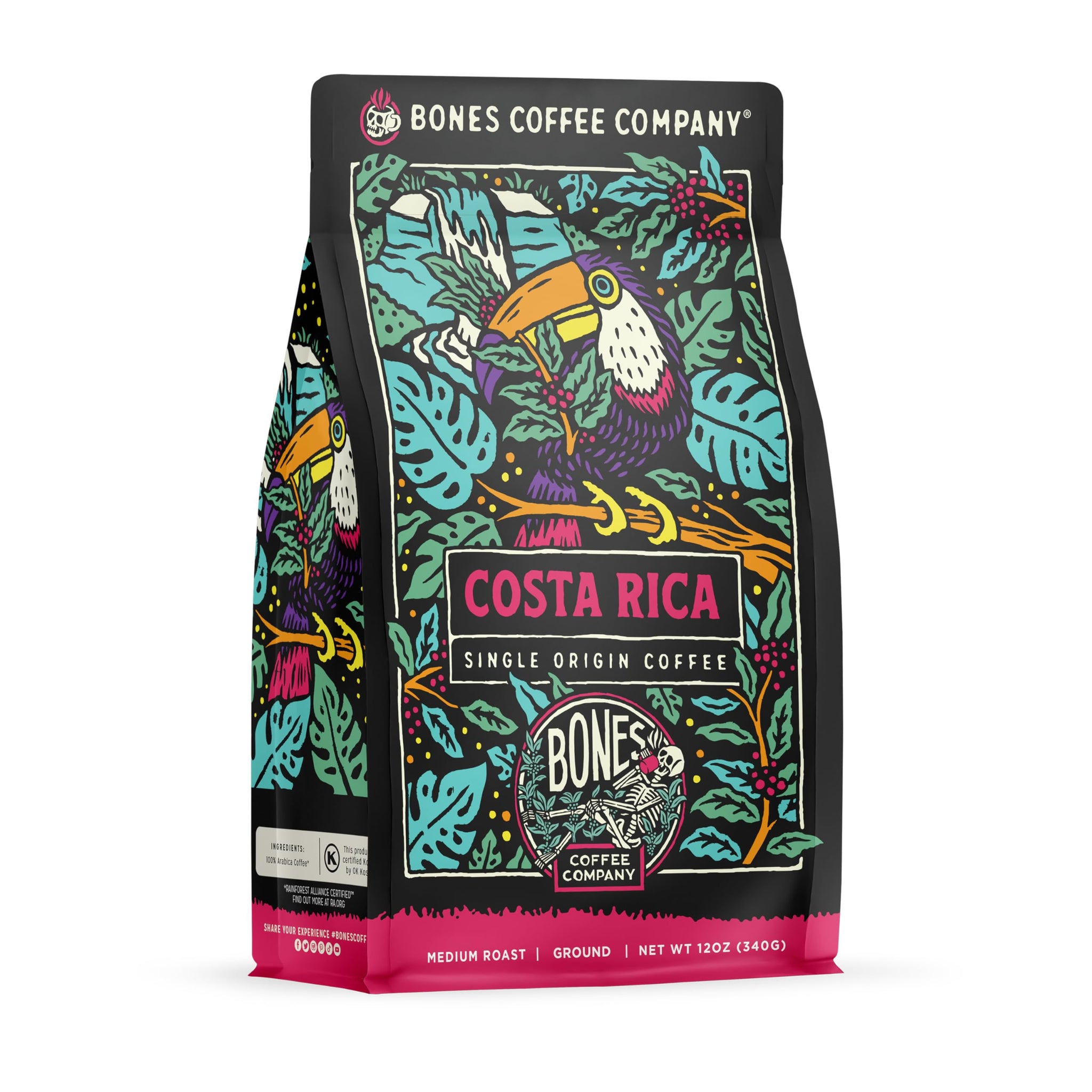 Bones Coffee Company Costa Rica Single-Origin, Cocoa, Nutty and Milk Chocolate Notes, Ground Coffee Beans, Low Acid Medium Roast Arabica Beans