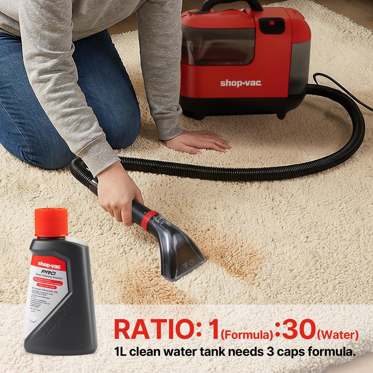 Shop-Vac Carpet Cleaner Solution, 8Fl Oz, Low Foam Upholstery Cleaner Solution For All Carpets, Upholstery & Area Rugs, Dissolves Dirt, Grime, Pet