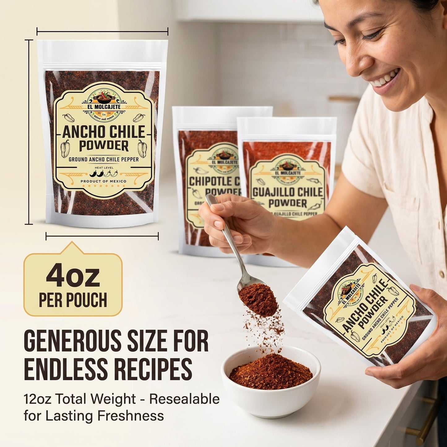 Chile Powder Ancho, Guajillo, Chipotle Variety Pack (4oz Each) - Dry Chili Pepper Powders for Traditional Mexican Cooking, Bold Flavors for Sauces