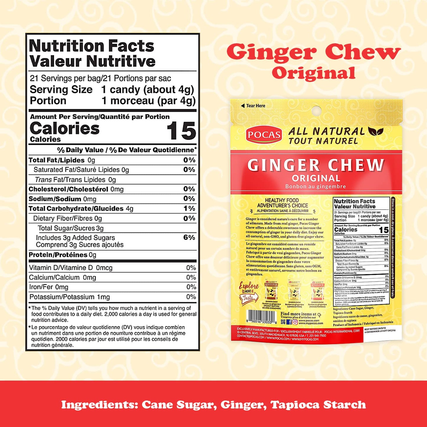 Pocas Original Ginger Chews - Sweet and Zesty Ginger Chew, Individually Wrapped Low-Calorie Snacks, Ginger Candy Made with Pure Cane Sugar, 3 Oz Ea