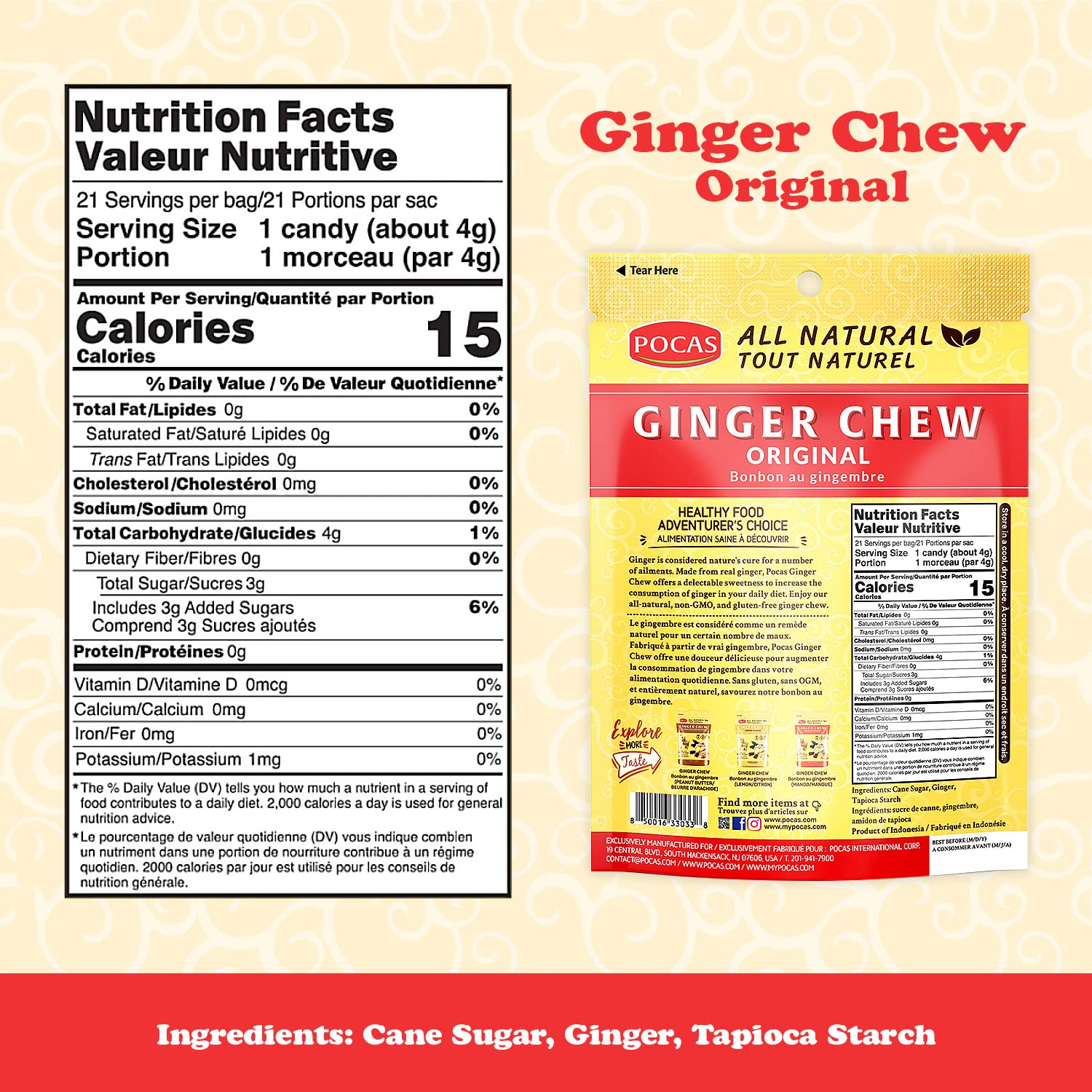 Pocas Original Ginger Chews - Sweet and Zesty Ginger Chew, Individually Wrapped Low-Calorie Snacks, Ginger Candy Made with Pure Cane Sugar, 3 Oz Ea