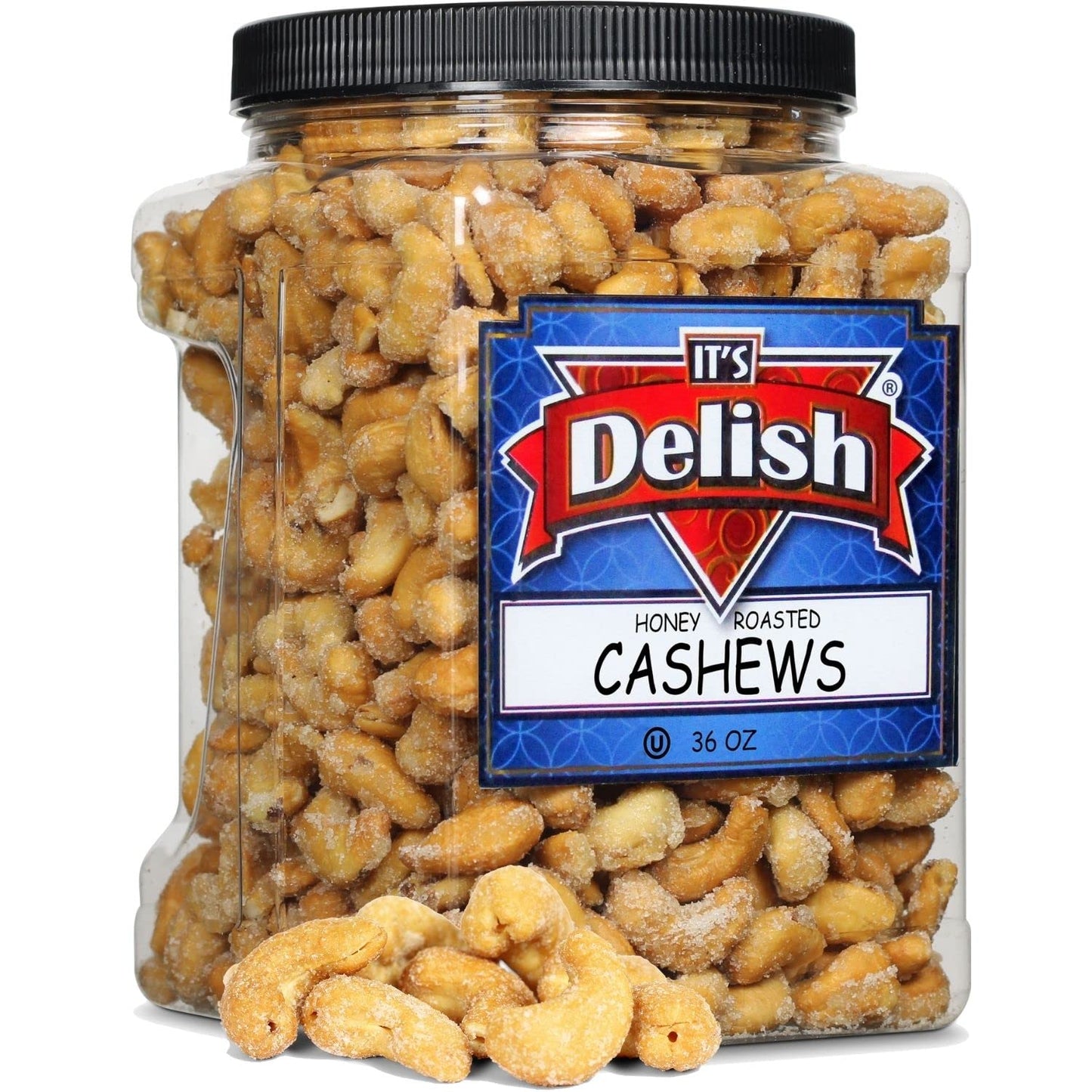 Honey Roasted Cashews by It's Delish, 36 Oz Reusable Jumbo Container | Gourmet Cashew Nuts in Honey Sugar Coating, Sweet & Heart Healthy Salted Nut