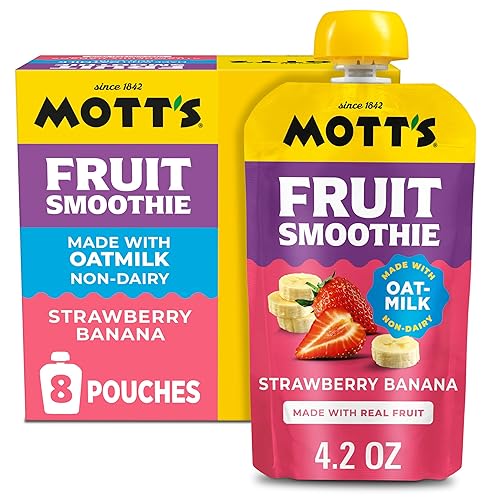 Mott’s Fruit Smoothies Strawberry Banana, 4.2 oz clear pouches, 8 Pack, Non-dairy, Made With Oatmilk, Made With Real Fruit, Good Source of Calcium