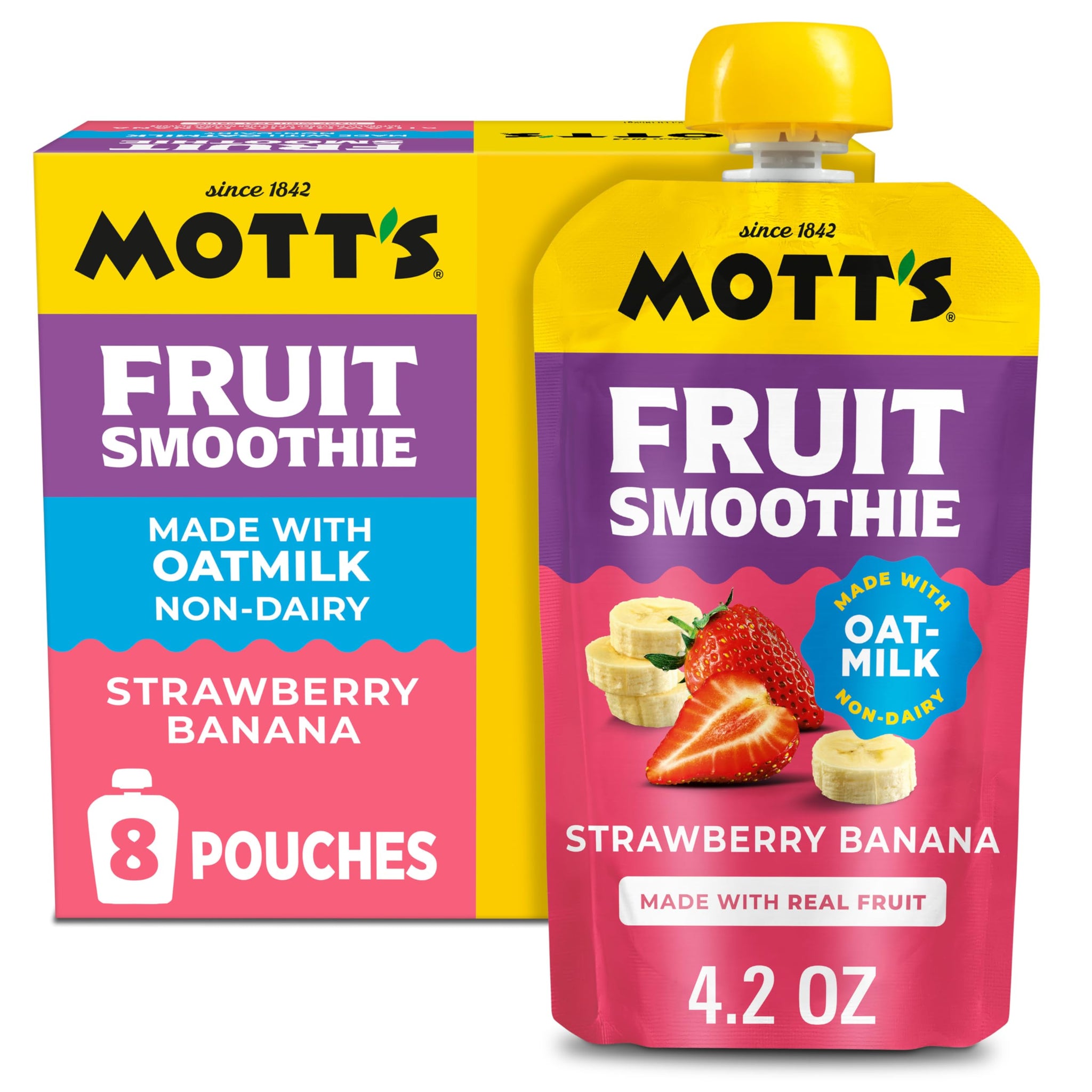 Mott’s Fruit Smoothies Strawberry Banana, 4.2 oz clear pouches, 8 Pack, Non-dairy, Made With Oatmilk, Made With Real Fruit, Good Source of Calcium