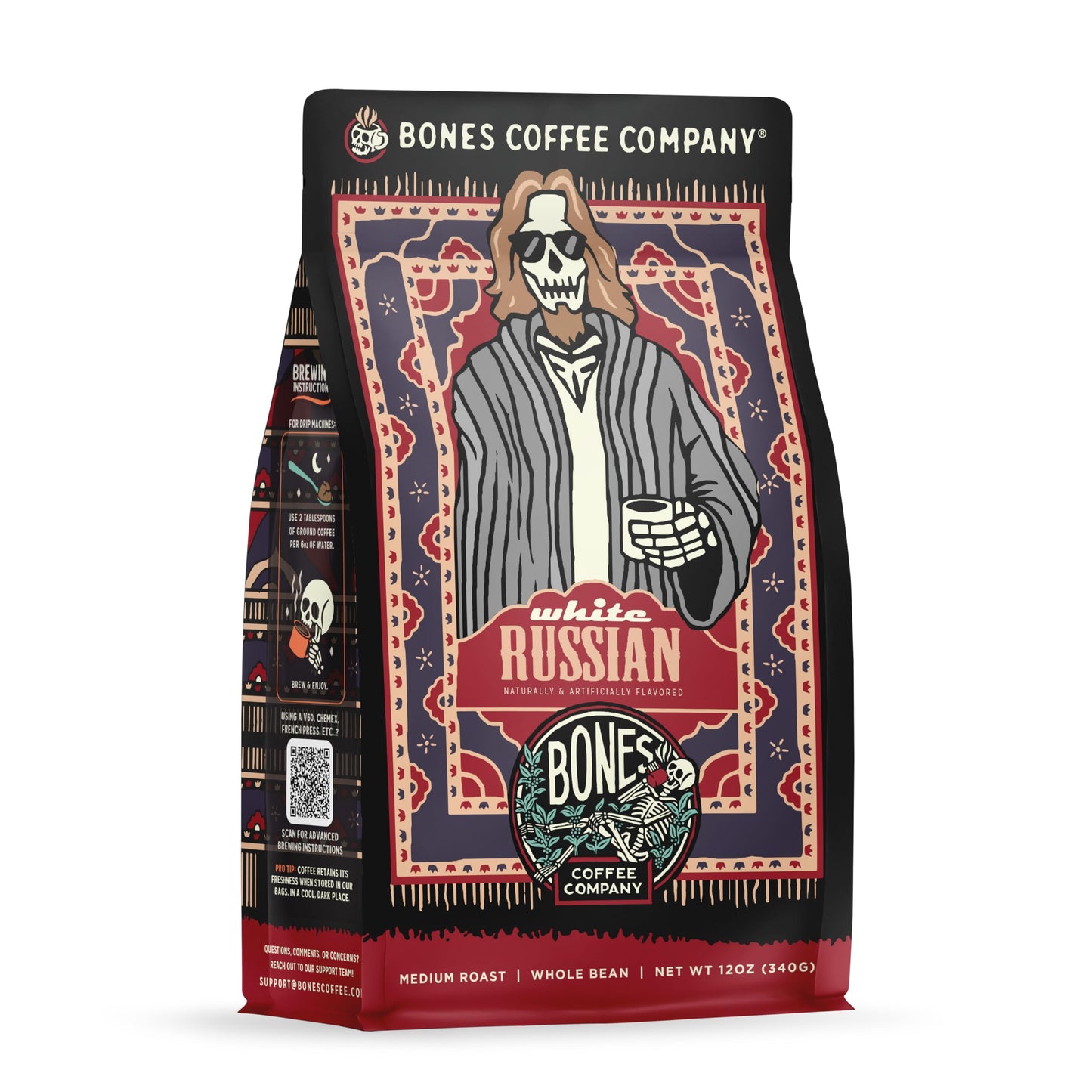 Bones Coffee Company White Russian, Cream and Cocktail Flavored Coffee, Medium Roast Low Acid Arabica Beans Compatible with Auto drip and French Press