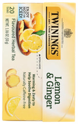 Twinings Lemon & Ginger Herbal Tea Individually Wrapped Bags, 20 Count (Pack of 1), Tangy Lemon, Spicy Ginger, Naturally Caffeine-Free, Enjoy Hot or