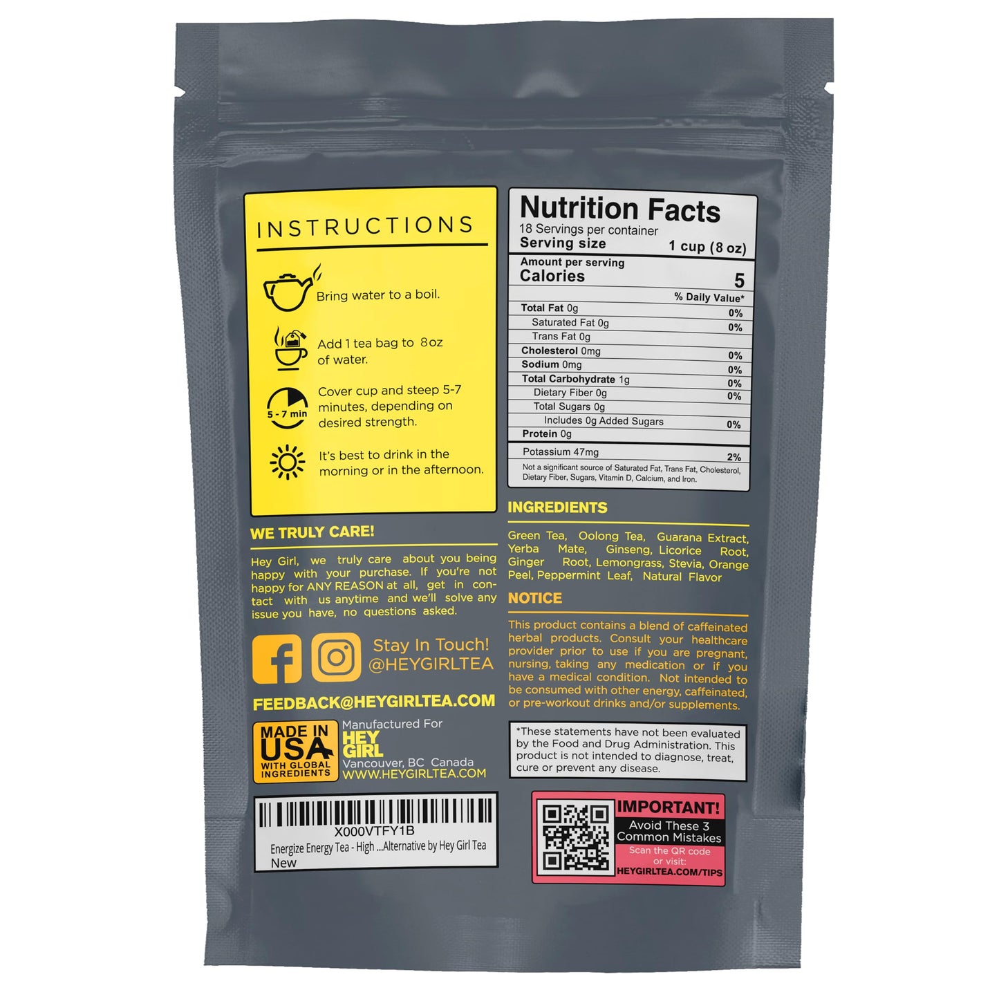Hey Girl Energize Tea - Herbal Energy Tea Blend with Yerba Mate, Oolong, Ginger, & Green Tea - Morning Boost Coffee Alternative - Caffeinated Tea Bags