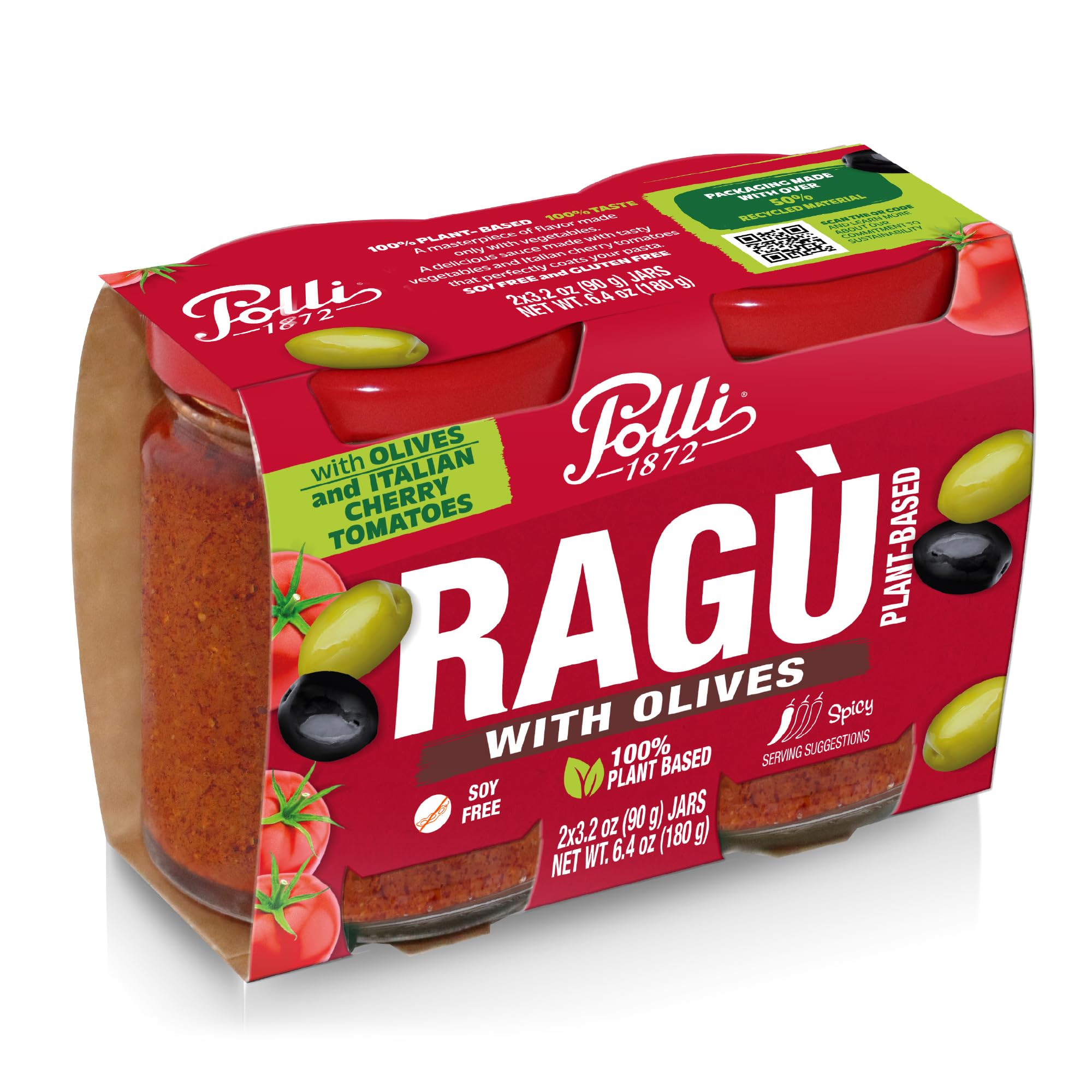Polli Plant Based Ragù with Olives and Italian Cherry Tomatoes - Mild Mediterranean Pasta Sauce, Made in Italy, Gluten Free, 2 x 3.2 oz Jars (6.4 oz