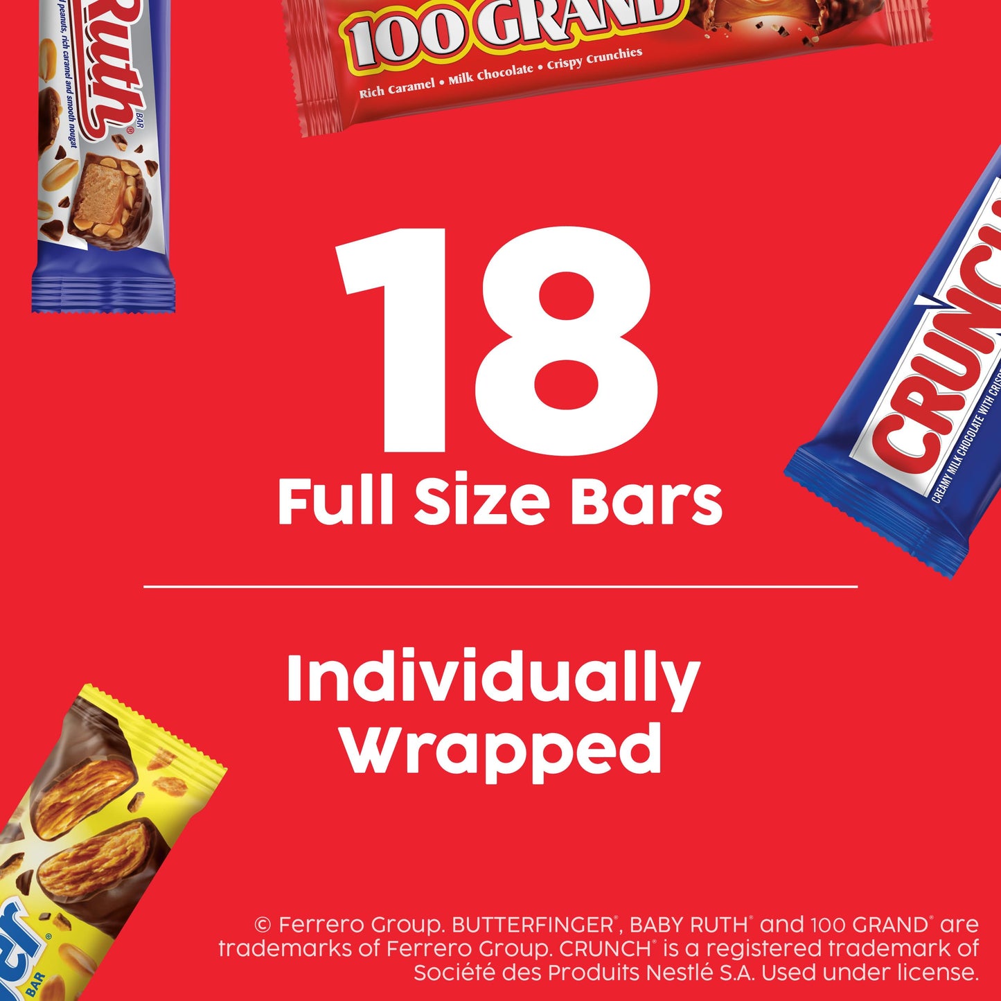 Assorted Butterfinger, Crunch, Baby Ruth, and 100 Grand Full Size Chocolates, 18 count, 31.2 oz