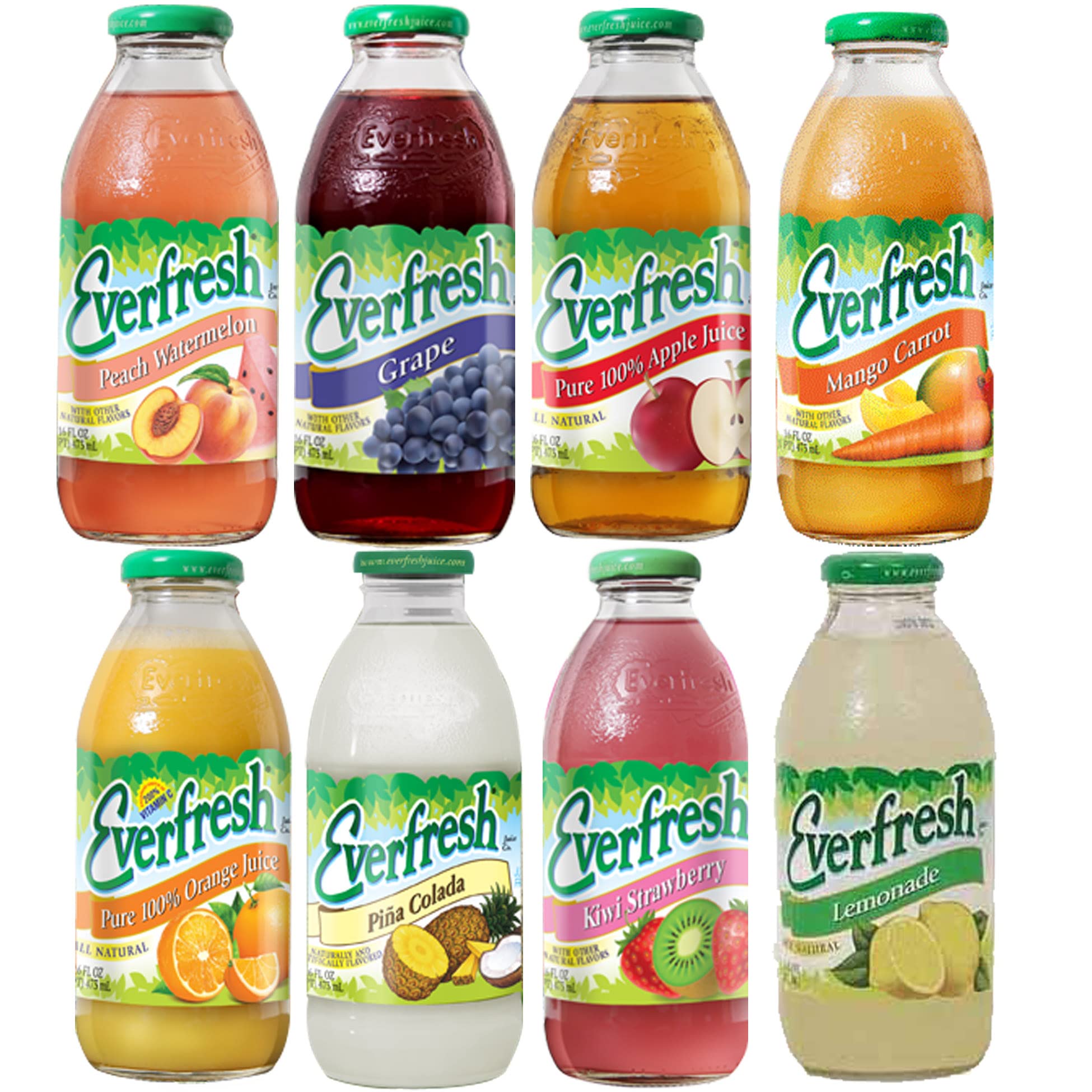 BeeQ Box - (Pack of 8) Variety Everfresh Juice, 8 Differnt Flavors : Peach Watermelon, Grape, Apple, Mango Carrot, Orange, Pina Colada, Kiwi