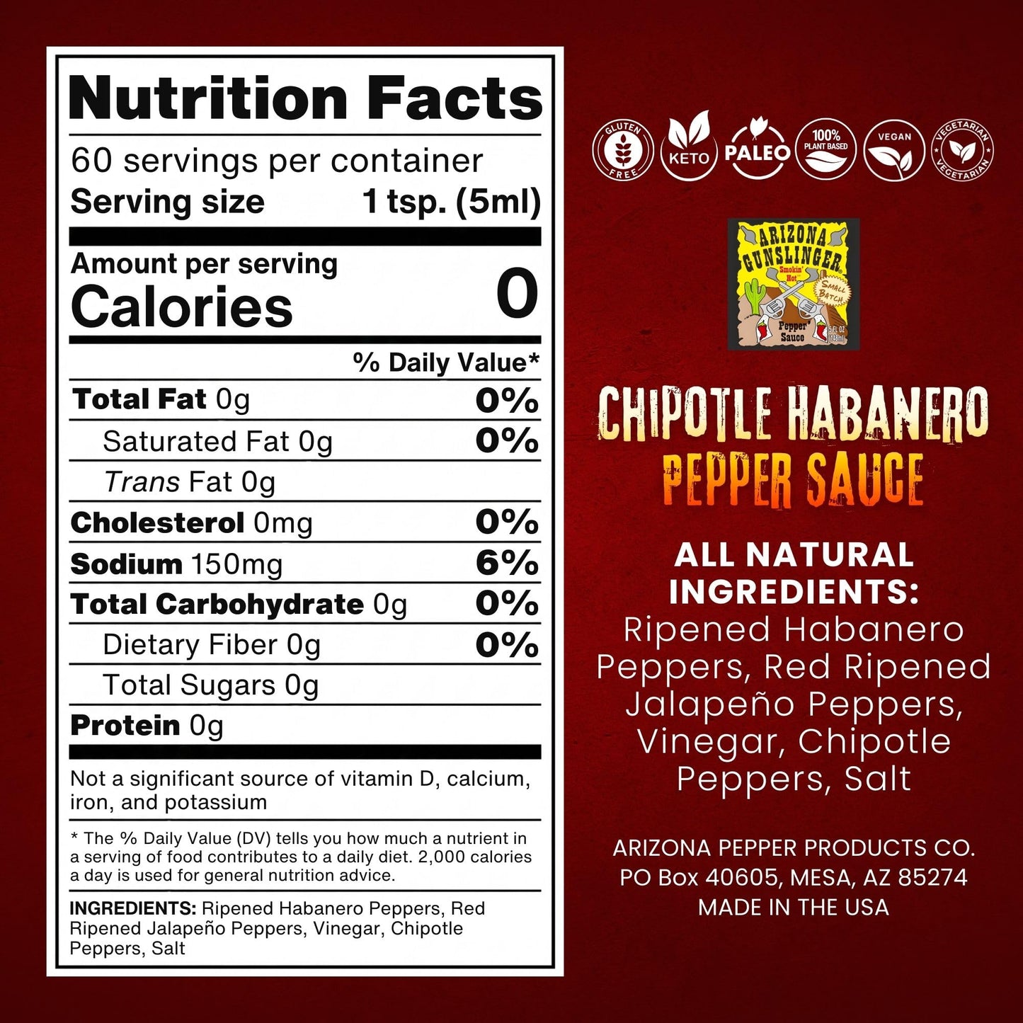 Arizona Gunslinger Chipotle Habanero Pepper Sauce - Smoky Hot Sauce Bottle, No Calorie Marinade & Salsa for Tacos, BBQ, Grilled Meats & Dips, Real