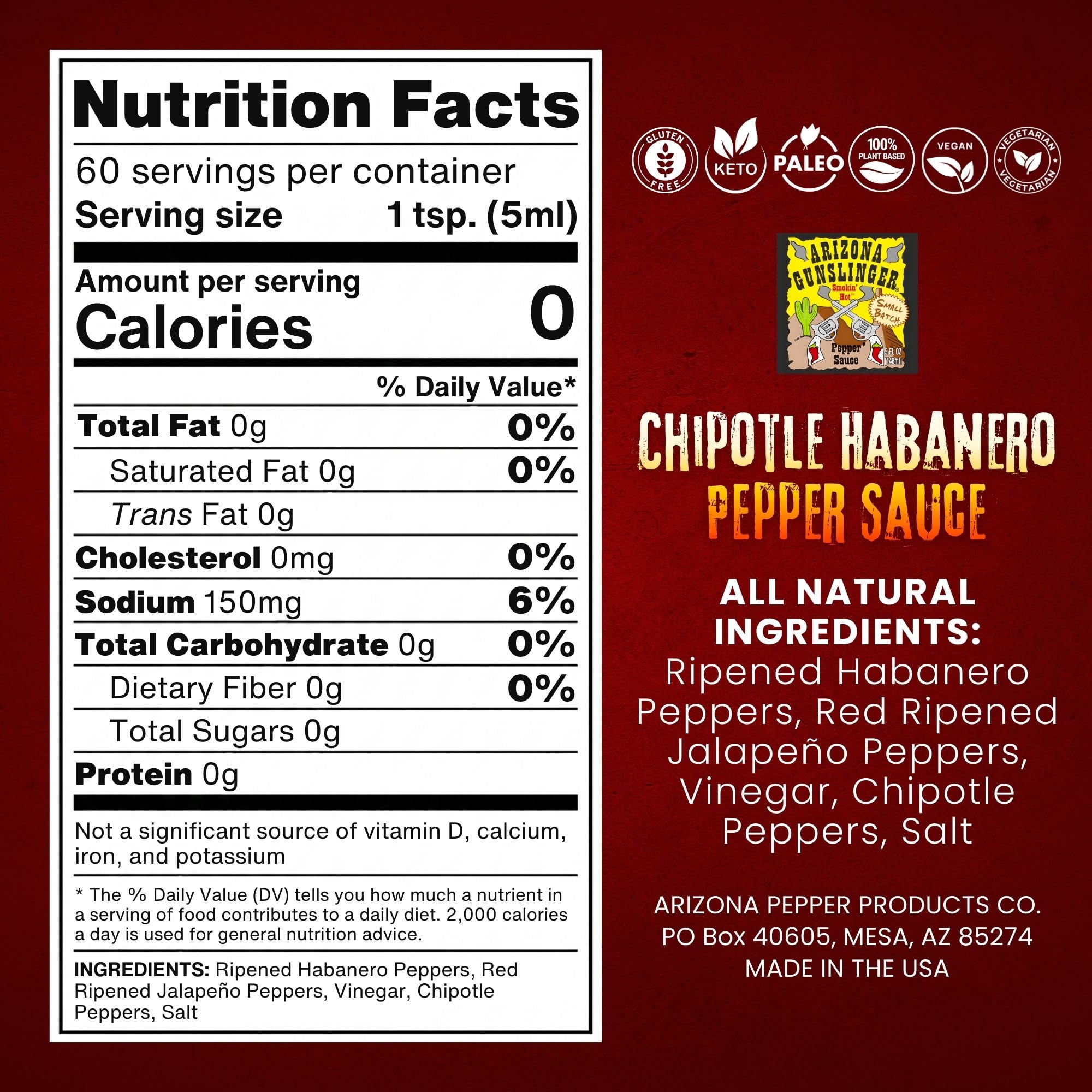 Arizona Gunslinger Chipotle Habanero Pepper Sauce - Smoky Hot Sauce Bottle, No Calorie Marinade & Salsa for Tacos, BBQ, Grilled Meats & Dips, Real