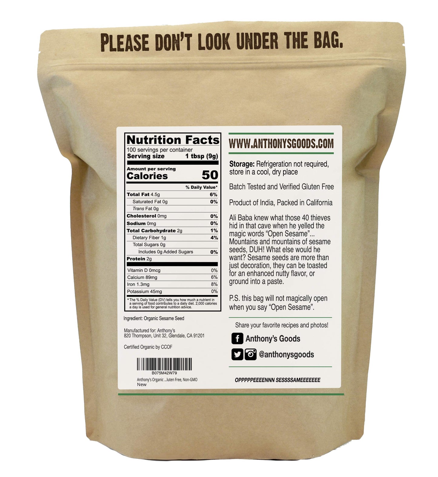 Anthony's Organic Hulled Sesame Seeds, 2 lb, White, Raw, Gluten Free, Non GMO, Keto Friendly