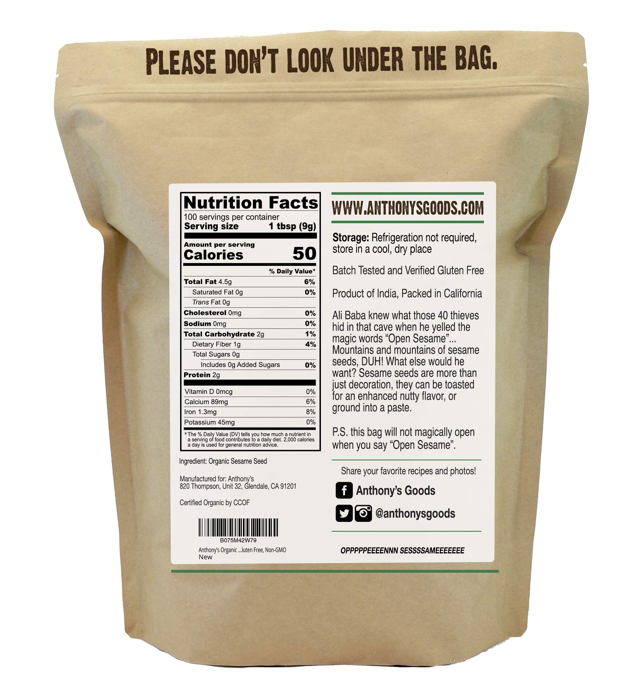 Anthony's Organic Hulled Sesame Seeds, 2 lb, White, Raw, Gluten Free, Non GMO, Keto Friendly