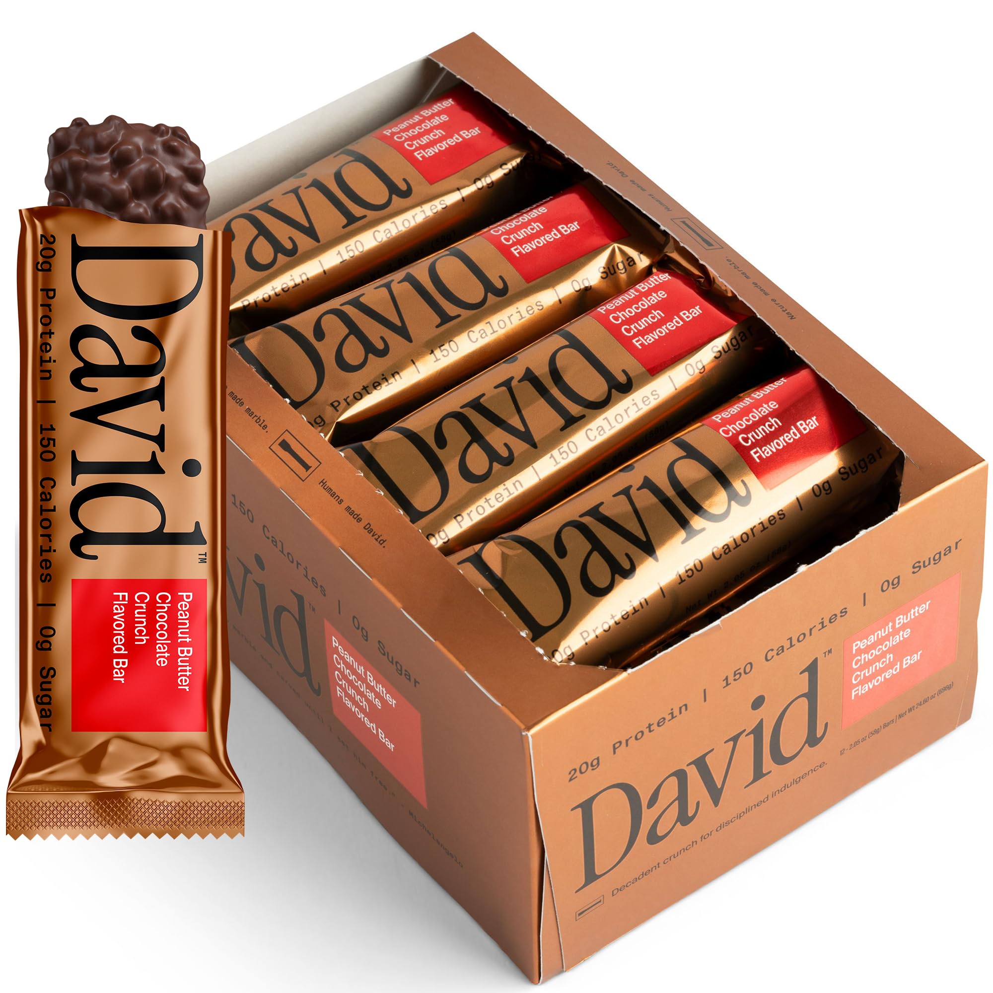 David Bronze High Protein Bars - Peanut Butter Chocolate Crunch Flavor - 0g of Sugar, Low Carb, Gluten Free - 20g of Protein, 150 Calories - On-The-Go