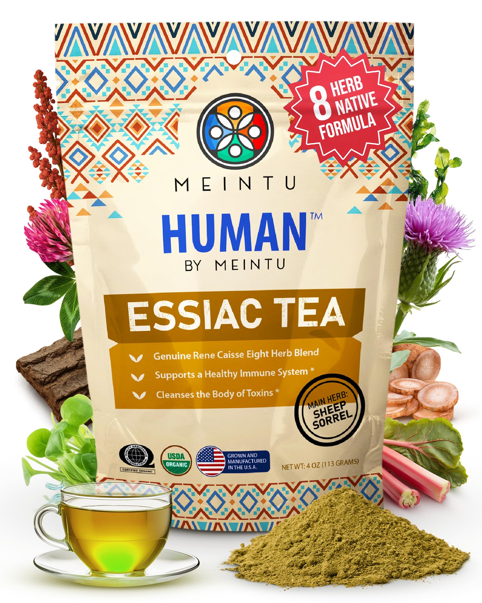 MEINTU Organic Essiac Tea 8 Herb Powder Formula Sheep Sorrel with 20% Root - 4 oz Stand-Up Airtight Zipper Pouch